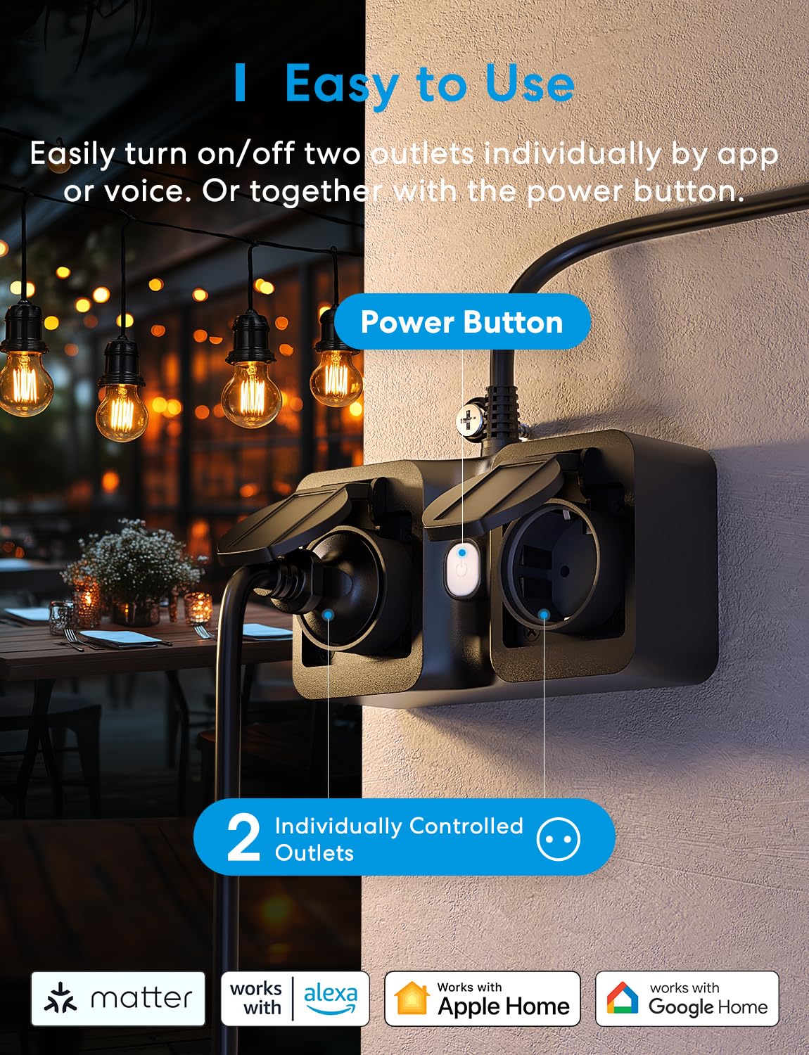 Meross Matte WiFi Socket Outdoor with Current Measurement, Smart Socket Electricity Meter for Balcony Power Station Outdoor Socket Waterproof IP44, Works with HomeKit, Alexa and Google, 16 A, 1.5 m Matte outdoor socket - Image 6