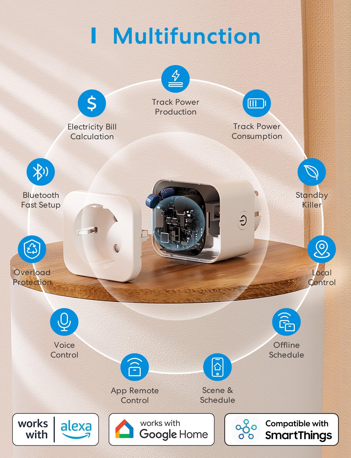 Meross Smart Socket with Current Measurement 16 A, Bluetooth WLAN Socket with Timer, Voice and Remote Control, Electricity Meter for Balcony Power Plant, Works with Alexa, Google Home, Pack of 2 WiFi socket with current measurement 2St. - Image 2