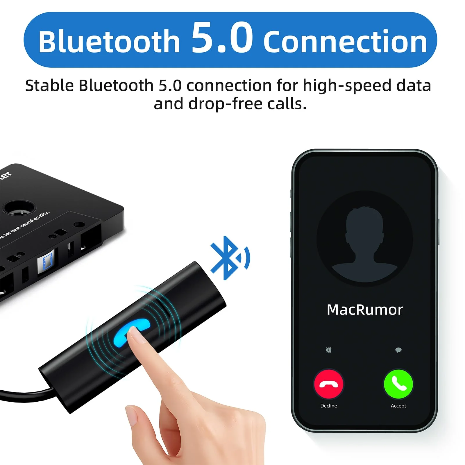 Mersoco Car Bluetooth Cassette Reciver, Tape Player BT 5.0 Cassette Aux Adapter with Hands-Free Black - Image 2