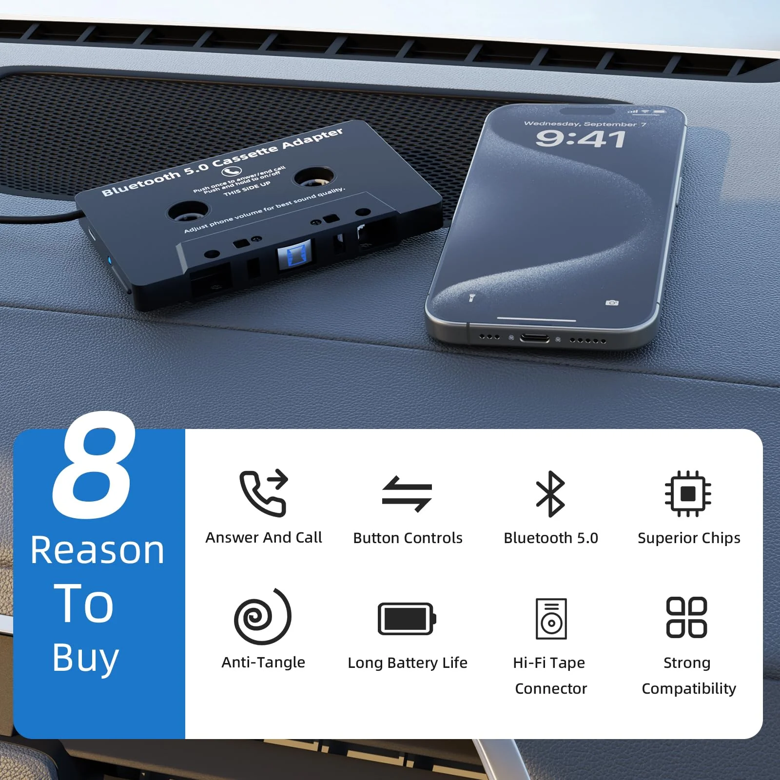 Mersoco Car Bluetooth Cassette Reciver, Tape Player BT 5.0 Cassette Aux Adapter with Hands-Free Black - Image 3