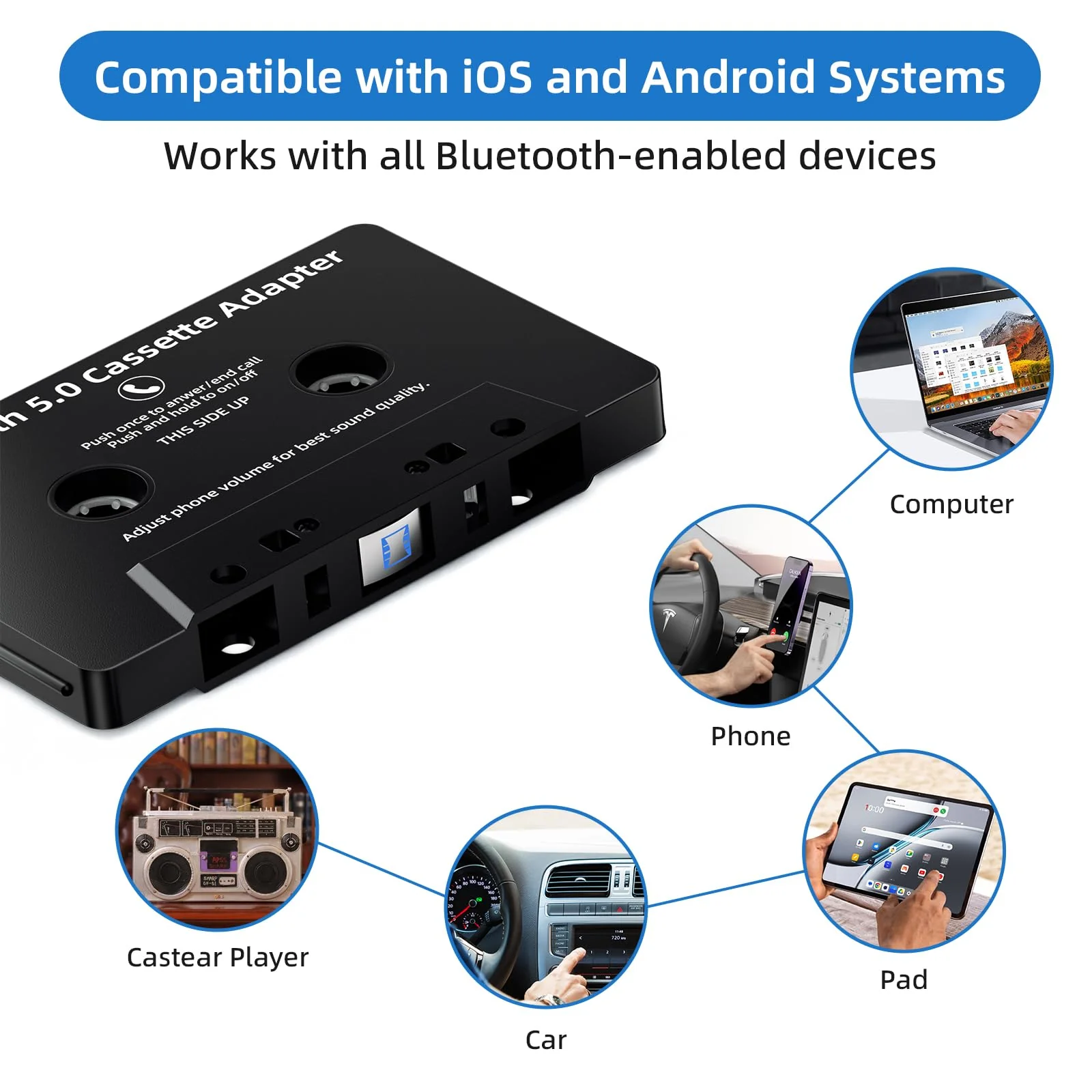 Mersoco Car Bluetooth Cassette Reciver, Tape Player BT 5.0 Cassette Aux Adapter with Hands-Free Black - Image 5