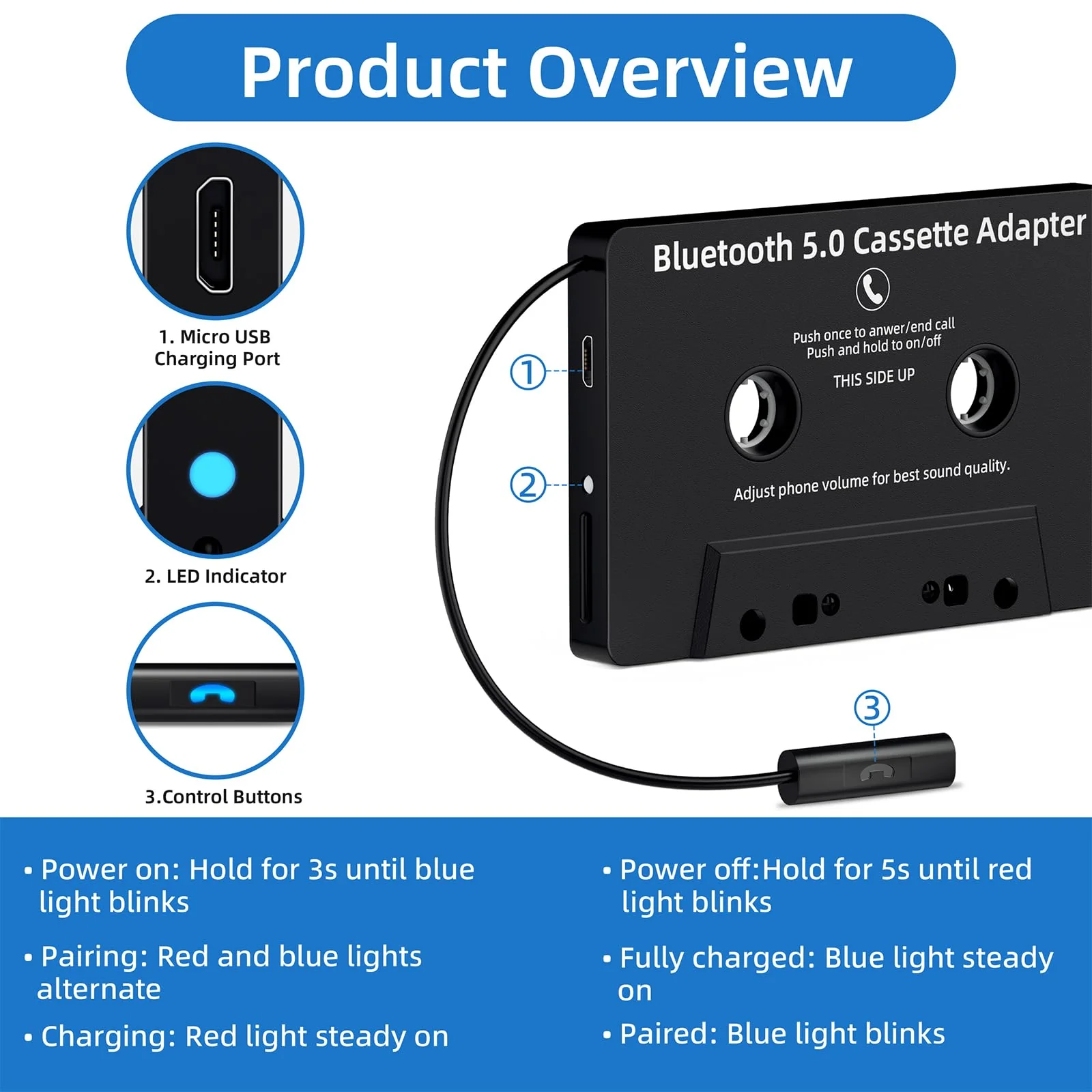 Mersoco Car Bluetooth Cassette Reciver, Tape Player BT 5.0 Cassette Aux Adapter with Hands-Free Black - Image 6
