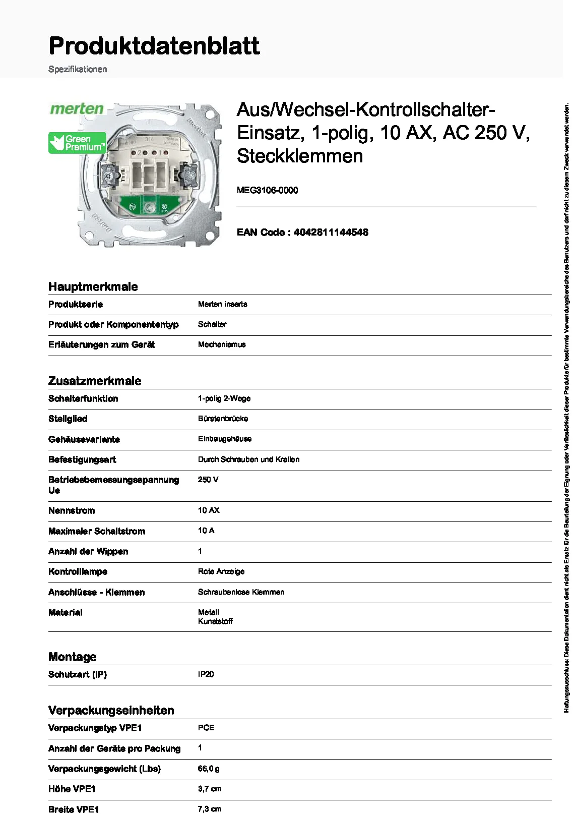 Merten MEG3106-0000 Two-way switch insert 1 pole with indicator light 10 AX, 250 V AC plug-in terminals Single - Image 5