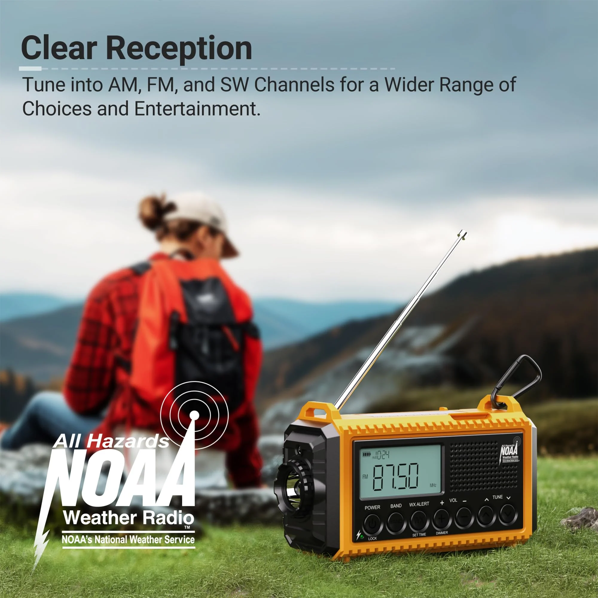Mesqool 12000 Emergency Radio, Auto Digital Weather Radio NOAA/AM/FM/SW Battery Backup Crank with Flashlight Phone Charger, Portable Solar Powered Radio Backlit LCD Display, SOS Yellow/Black - Image 2