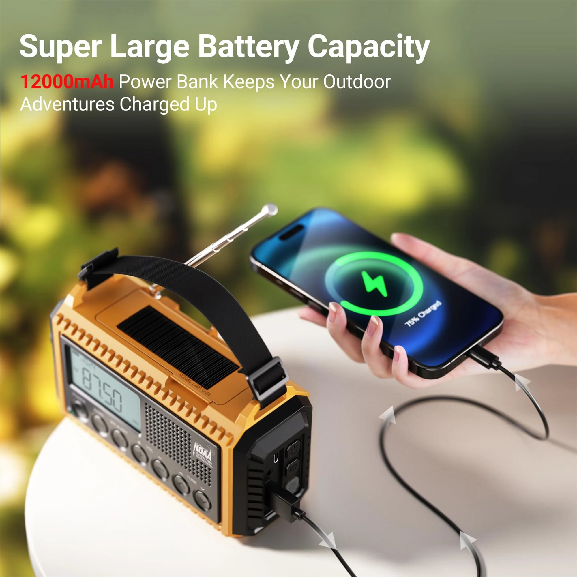 Mesqool 12000 Emergency Radio, Auto Digital Weather Radio NOAA/AM/FM/SW Battery Backup Crank with Flashlight Phone Charger, Portable Solar Powered Radio Backlit LCD Display, SOS Yellow/Black - Image 3