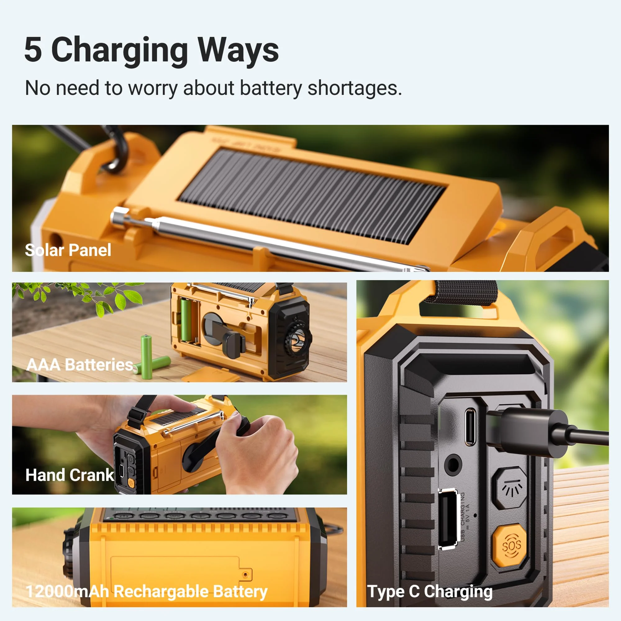 Mesqool 12000 Emergency Radio, Auto Digital Weather Radio NOAA/AM/FM/SW Battery Backup Crank with Flashlight Phone Charger, Portable Solar Powered Radio Backlit LCD Display, SOS Yellow/Black - Image 4