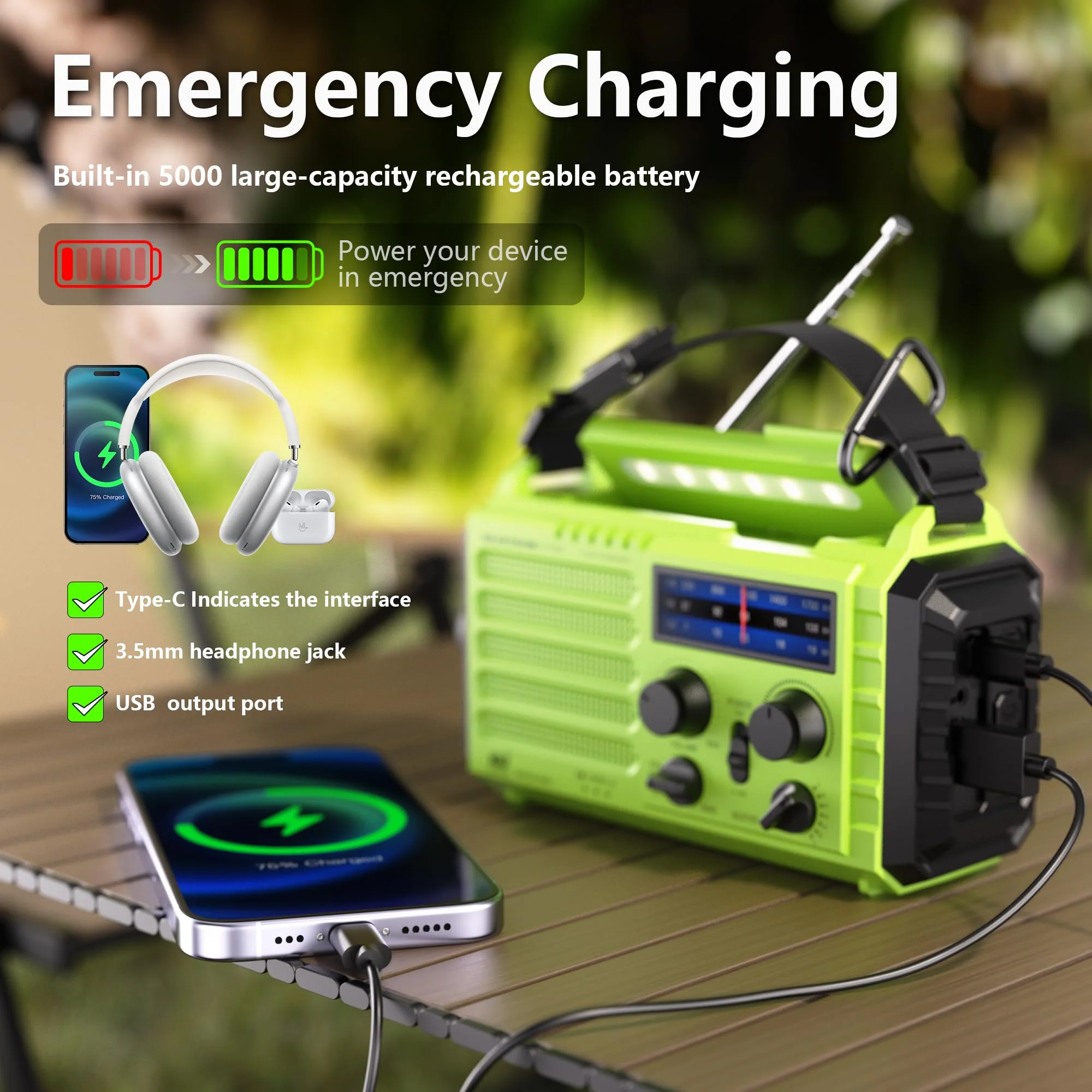 Mesqool Emergency Radio 5 Way Powered, 5000 Survival Radio Solar Hand Crank Portable NOAA/AM/FM/SW Weather Radio Battery Backup, Wind up Radio with Cell Phone Charger, Flashlight, SOS green - Image 3