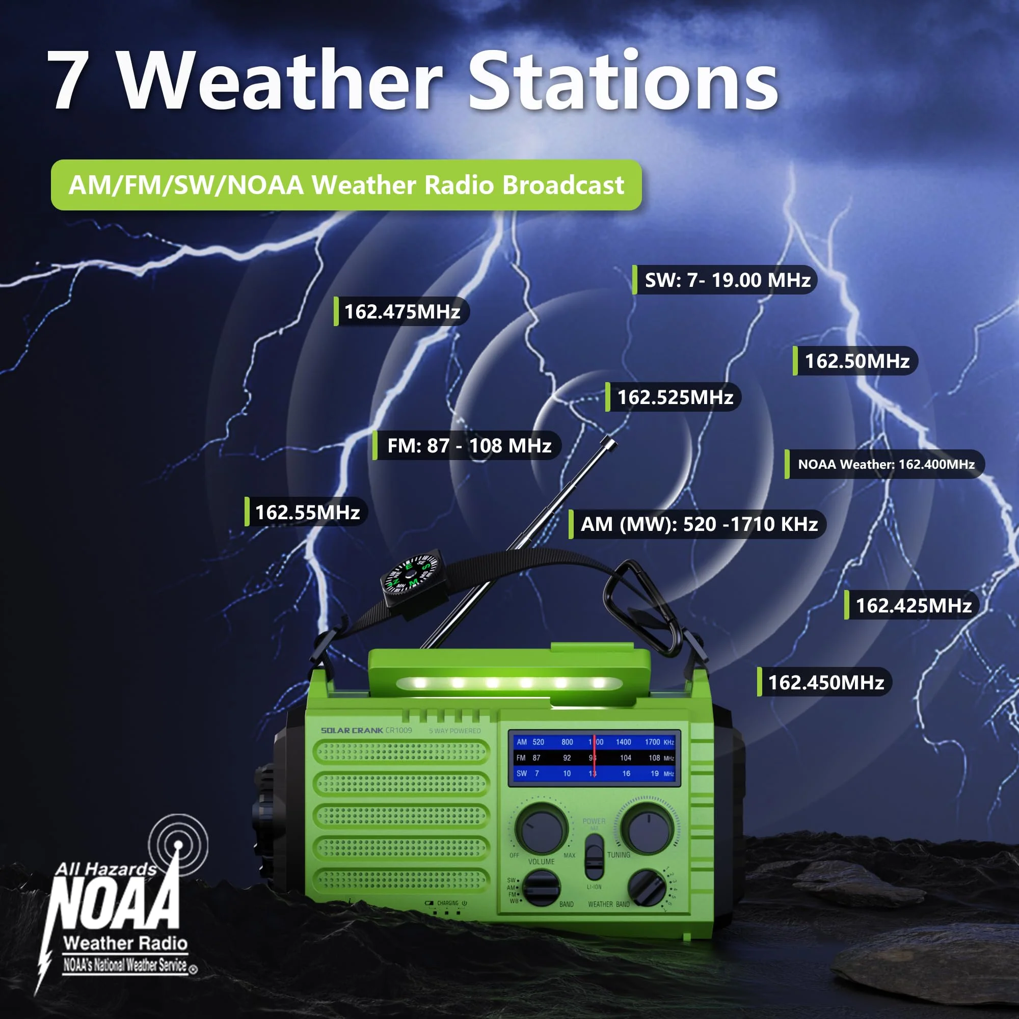 Mesqool Emergency Radio 5 Way Powered, 5000 Survival Radio Solar Hand Crank Portable NOAA/AM/FM/SW Weather Radio Battery Backup, Wind up Radio with Cell Phone Charger, Flashlight, SOS green - Image 4