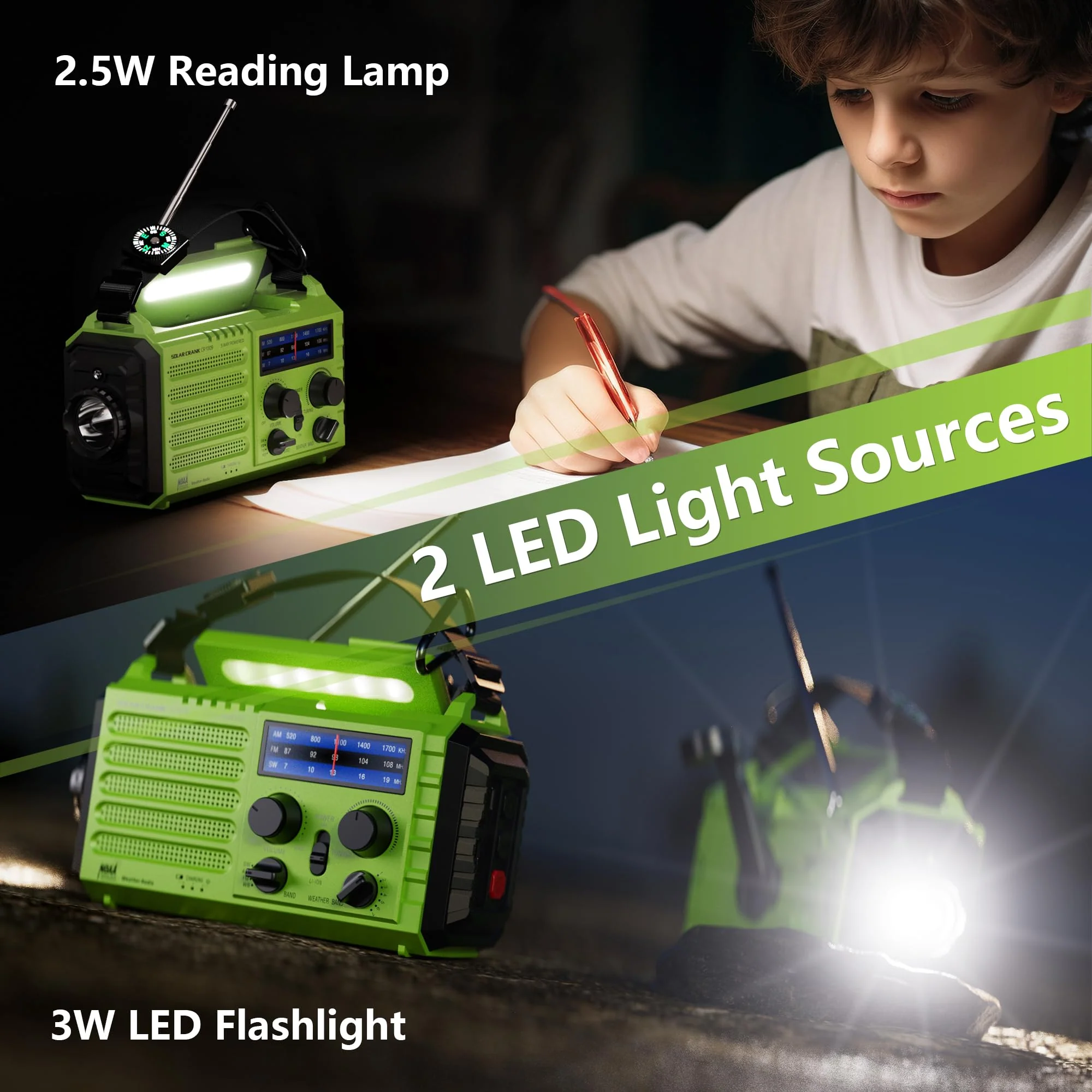 Mesqool Emergency Radio 5 Way Powered, 5000 Survival Radio Solar Hand Crank Portable NOAA/AM/FM/SW Weather Radio Battery Backup, Wind up Radio with Cell Phone Charger, Flashlight, SOS green - Image 5