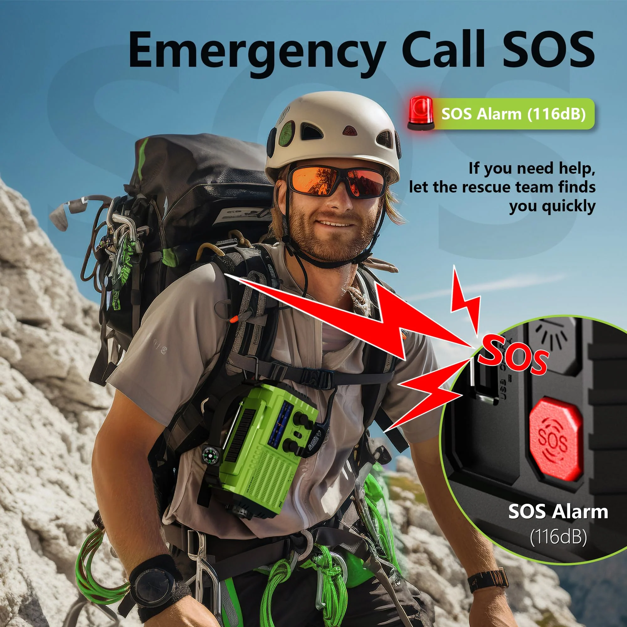 Mesqool Emergency Radio 5 Way Powered, 5000 Survival Radio Solar Hand Crank Portable NOAA/AM/FM/SW Weather Radio Battery Backup, Wind up Radio with Cell Phone Charger, Flashlight, SOS green - Image 6