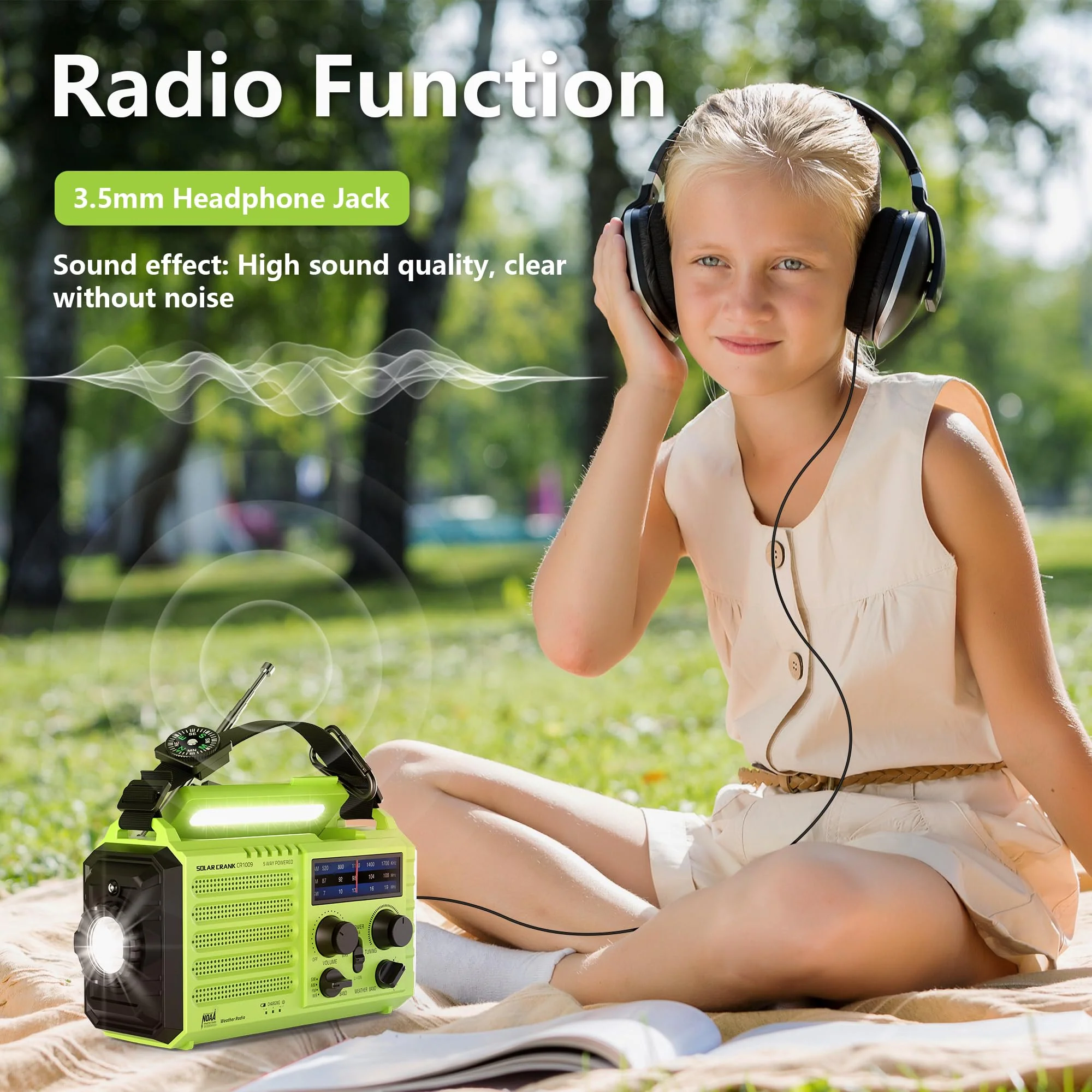 Mesqool Emergency Radio 5 Way Powered, 5000 Survival Radio Solar Hand Crank Portable NOAA/AM/FM/SW Weather Radio Battery Backup, Wind up Radio with Cell Phone Charger, Flashlight, SOS green - Image 7