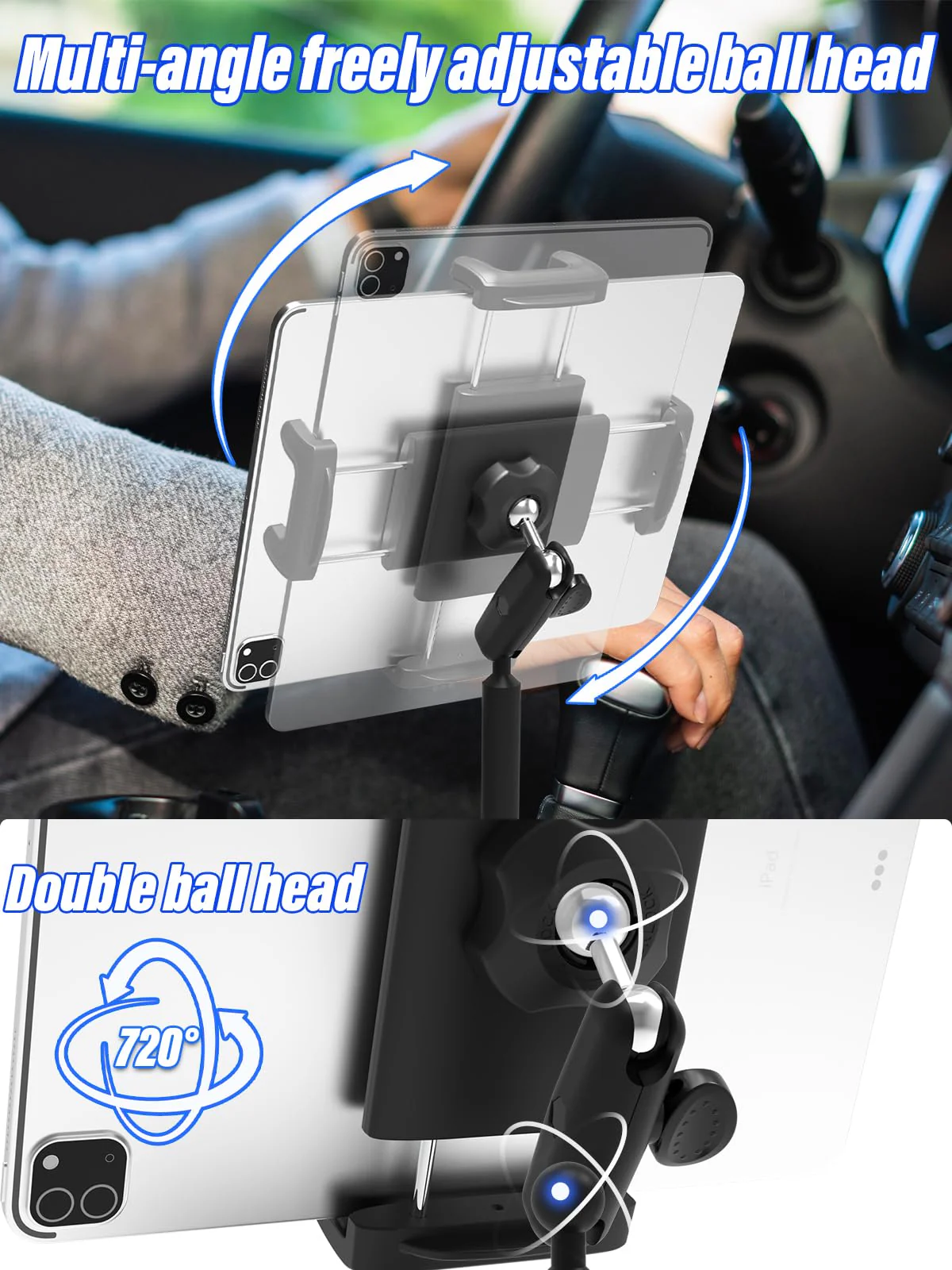 Metal Arm Cup Holder Car Tablet Mount, 720 ° Rotation Cupholder Tablet & Phone Stand Compatible with iPad Pro Air Mini iPhone 15/14/ 13/12 Max Pro and 4.7-12.9 inch Mobile Phone Tablet - Image 2