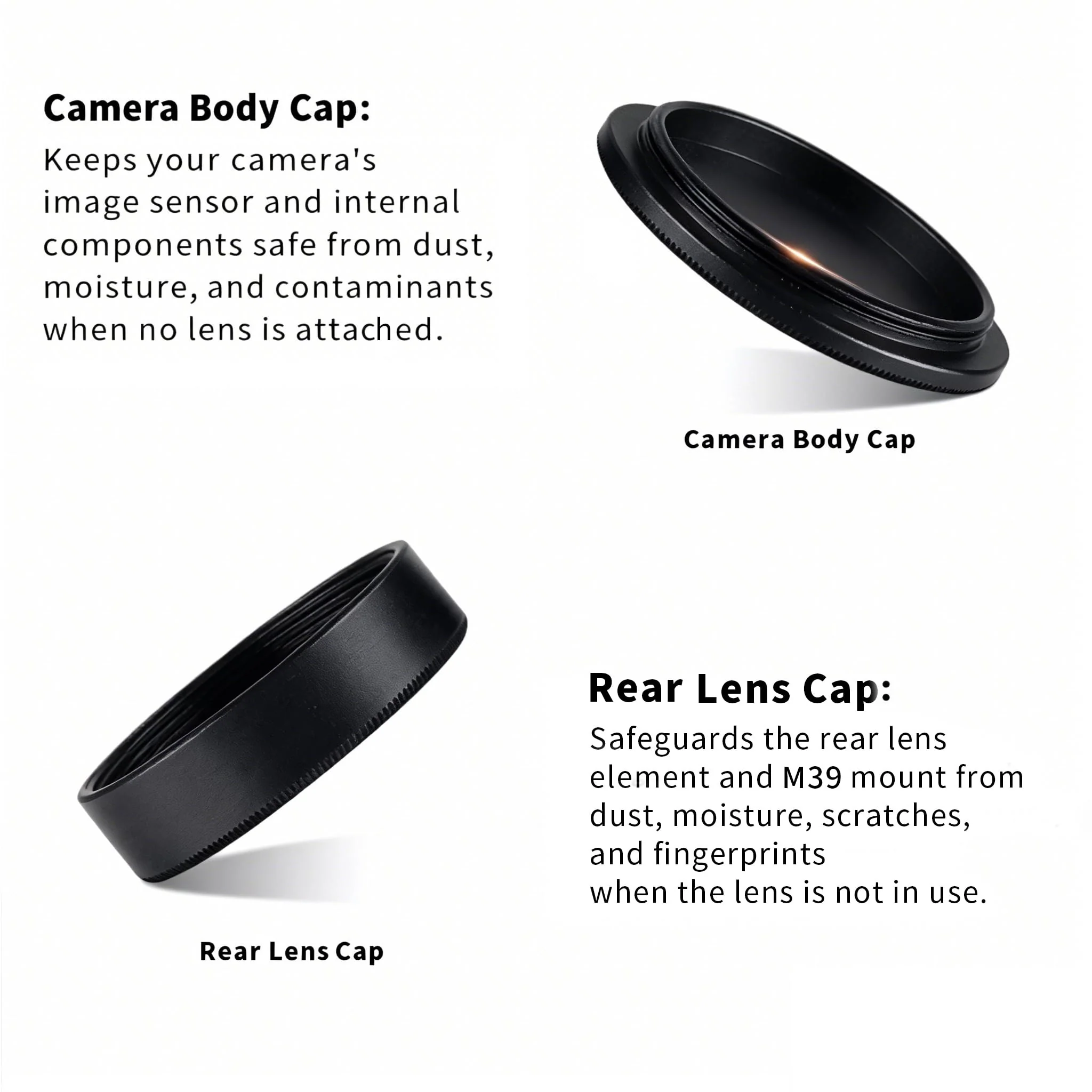 Metal M39 Body Cap and Rear Lens Cap Set, CNC Machined Aluminum Alloy Camera Front Body & Lens Rear Cover for Leica Thread Mount (LTM) L39 M39 39mm Screw Mount (LSM) Cameras Lenses (Black) Body Cap+Rear Lens Cap Set Black - Image 4