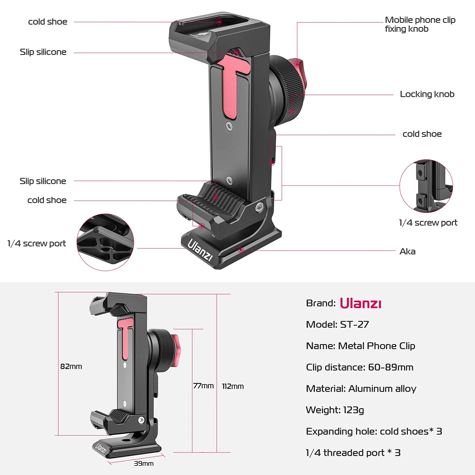 Metal Phone Tripod Mount 3 Cold Shoes & Arca Port, 360° Smartphone Tripod Adapter for iPhone 17 16 15 Cell Phone Stand Holder for Desktop Video Live Streaming Vlogging Rig ST-27 - Image 7