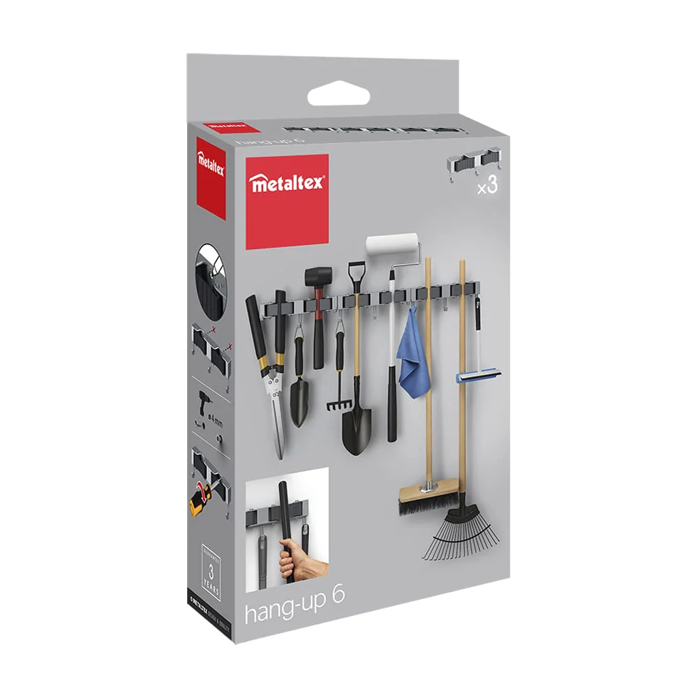 Metaltex Hang-up 6 Clamp Bar Broom Holder, Tool Holder with 3 Hooks, Set of 3 - Image 6