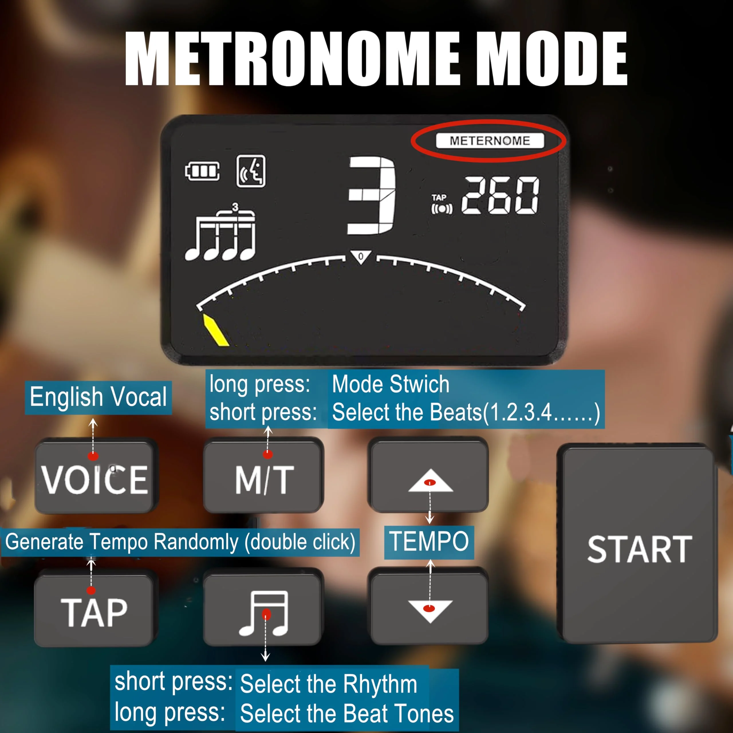 Metronome Tuner,Fast and Accurate Tuning, Three Beat Sound,English Vocal Counting Beat,Built-in Rechargeable Battery,Suit for Guitar, Bass, Saxophone ect MT-Black - Image 4