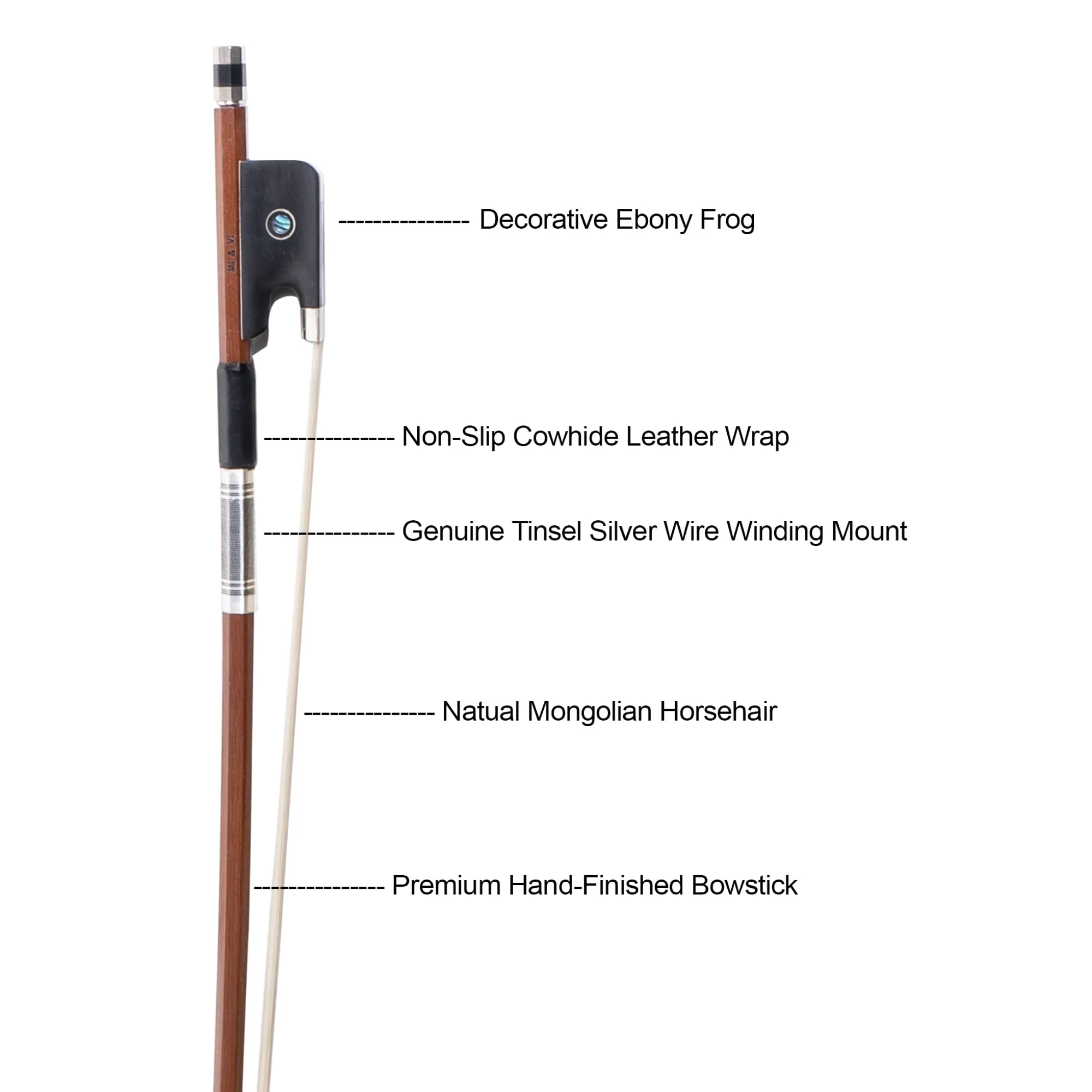 MI&VI AB-530 Classic Brazilwood Viola Bow for 14"-17" Violas (Full Size) with Bow Case Included | Well Balanced | Ebony Frog | Silver Mount | Mongolian Horse Hair - MIVI Music - Image 2