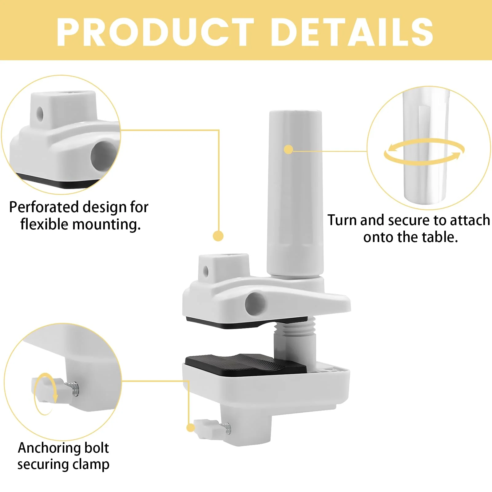 Mic Arm Desk Mount Clamp Insert Holes Universal Mic Stand Desk Holder for Boom Arm, Lamp, Monitor Stable Desk/Bed Mount White(2-Pack) - Image 4