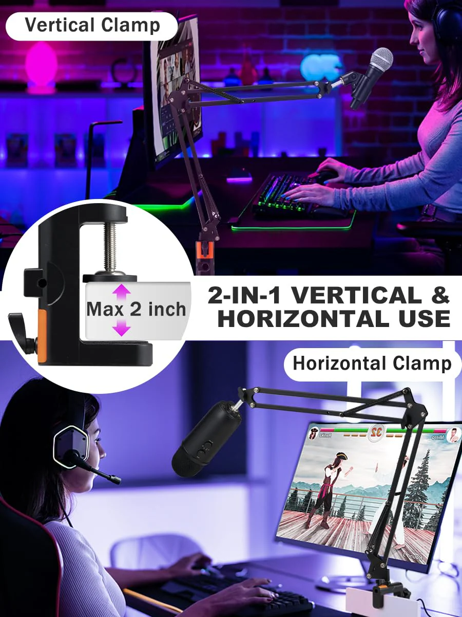 Microphone Boom Arm, Adjustable Suspension Boom Scissor Arm Stand with Heavy Duty Clamp, Pop Filter and Mic Clip Compatible with Yeti, QuadCast Snowball. - Image 2