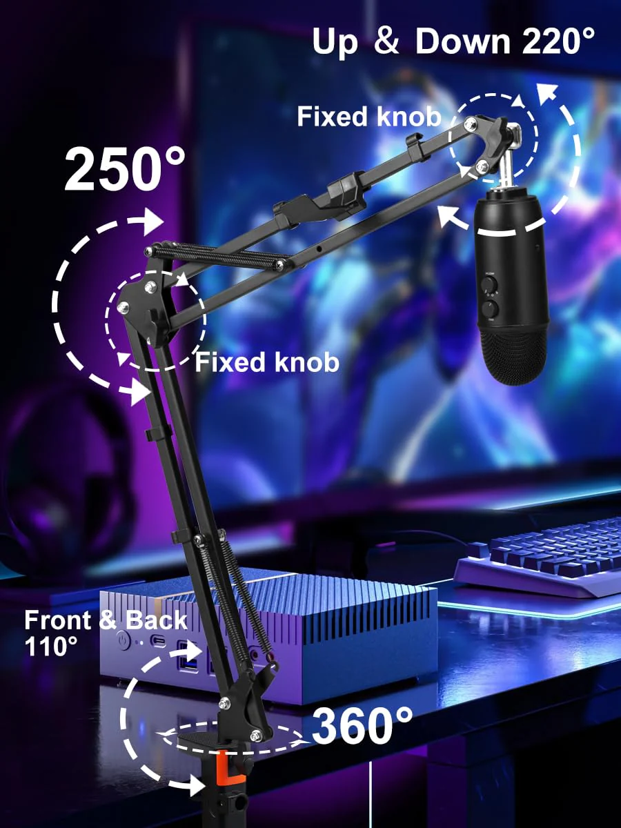 Microphone Boom Arm, Adjustable Suspension Boom Scissor Arm Stand with Heavy Duty Clamp, Pop Filter and Mic Clip Compatible with Yeti, QuadCast Snowball. - Image 3