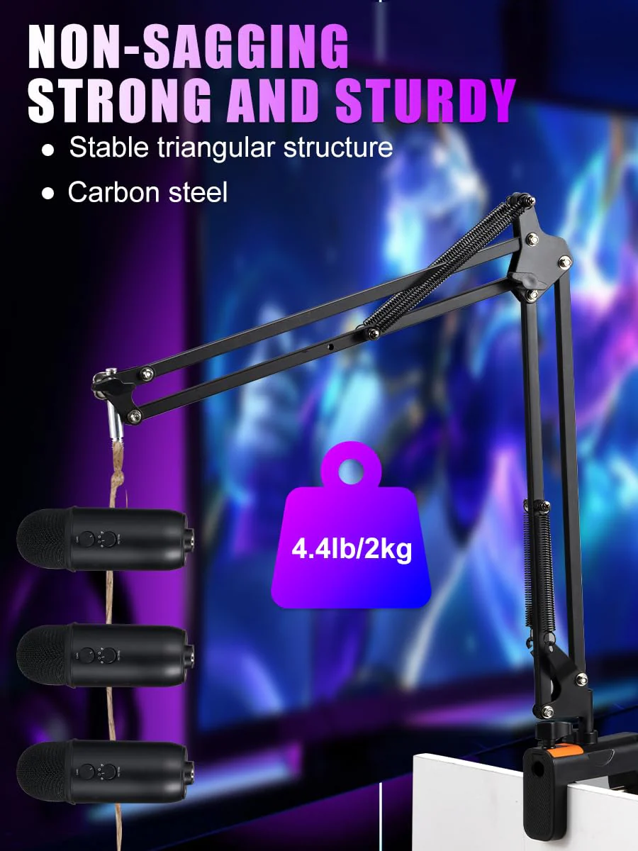 Microphone Boom Arm, Adjustable Suspension Boom Scissor Arm Stand with Heavy Duty Clamp, Pop Filter and Mic Clip Compatible with Yeti, QuadCast Snowball. - Image 4