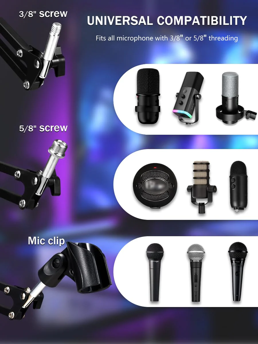 Microphone Boom Arm, Adjustable Suspension Boom Scissor Arm Stand with Heavy Duty Clamp, Pop Filter and Mic Clip Compatible with Yeti, QuadCast Snowball. - Image 5