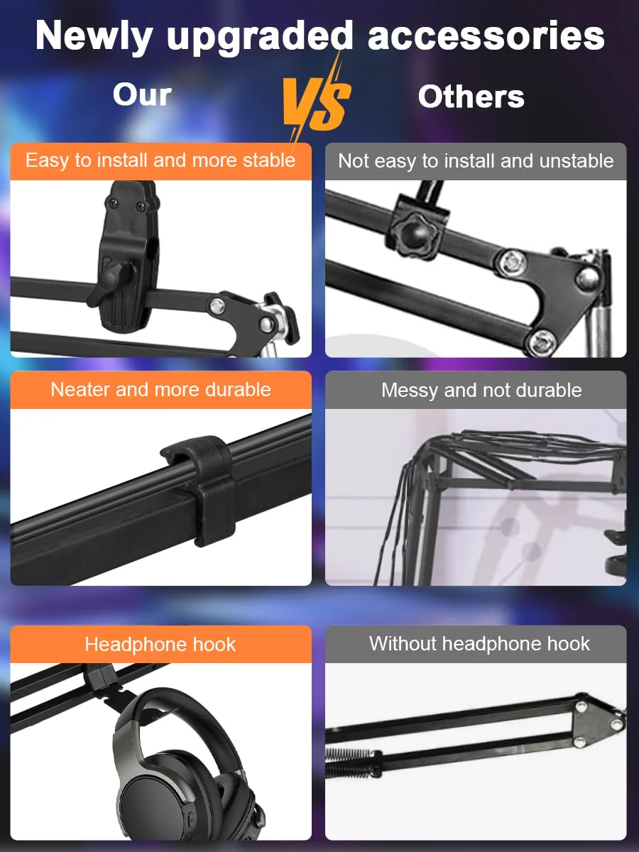 Microphone Boom Arm, Adjustable Suspension Boom Scissor Arm Stand with Heavy Duty Clamp, Pop Filter and Mic Clip Compatible with Yeti, QuadCast Snowball. - Image 6