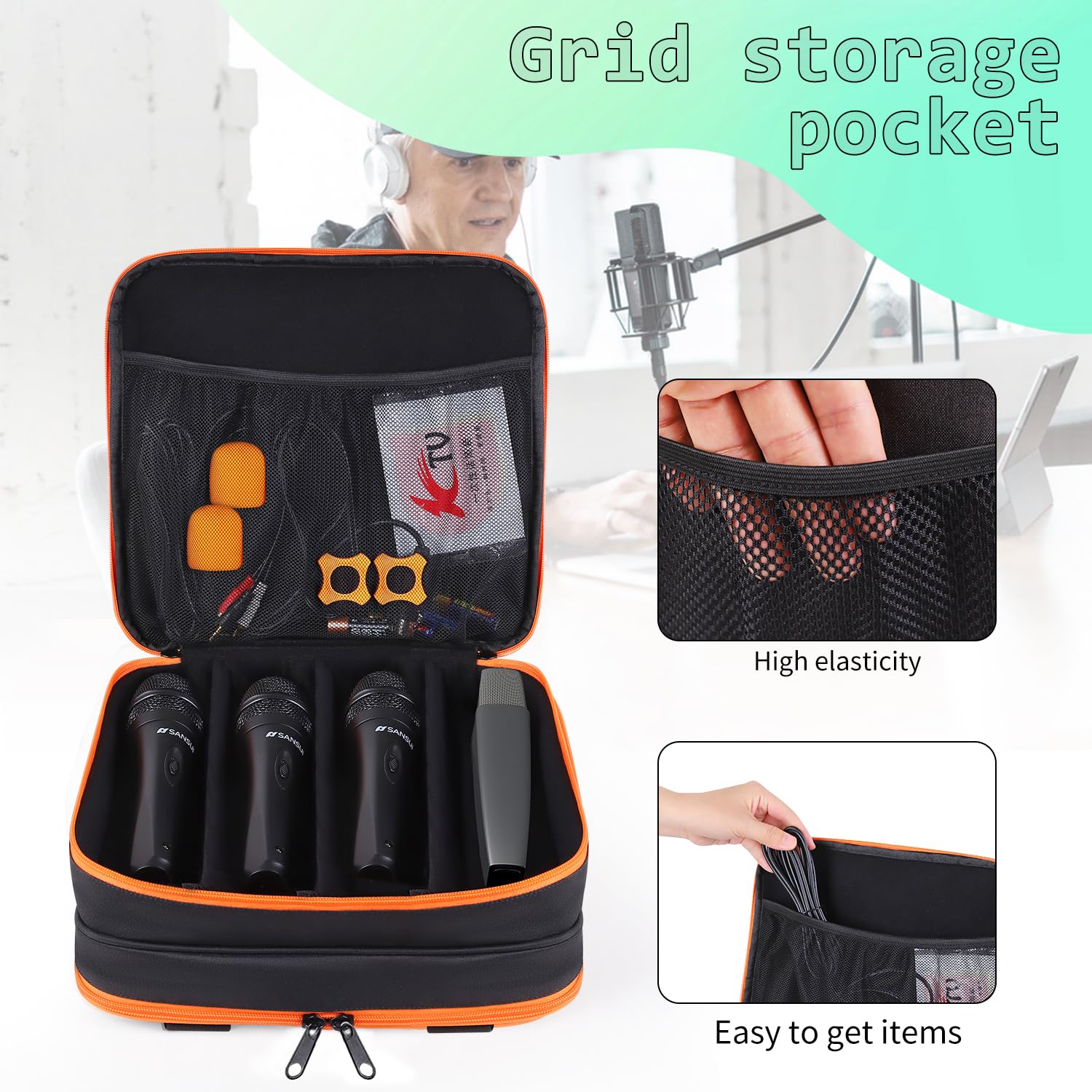 Microphone Case,Wireless Microphone Bag,Portable Storage Case,8 Slots Mic Carrying Box Bags-Travel Adjustable Foam Box,Fits Singing,Karaoke,Party(Bag Only) - Image 4