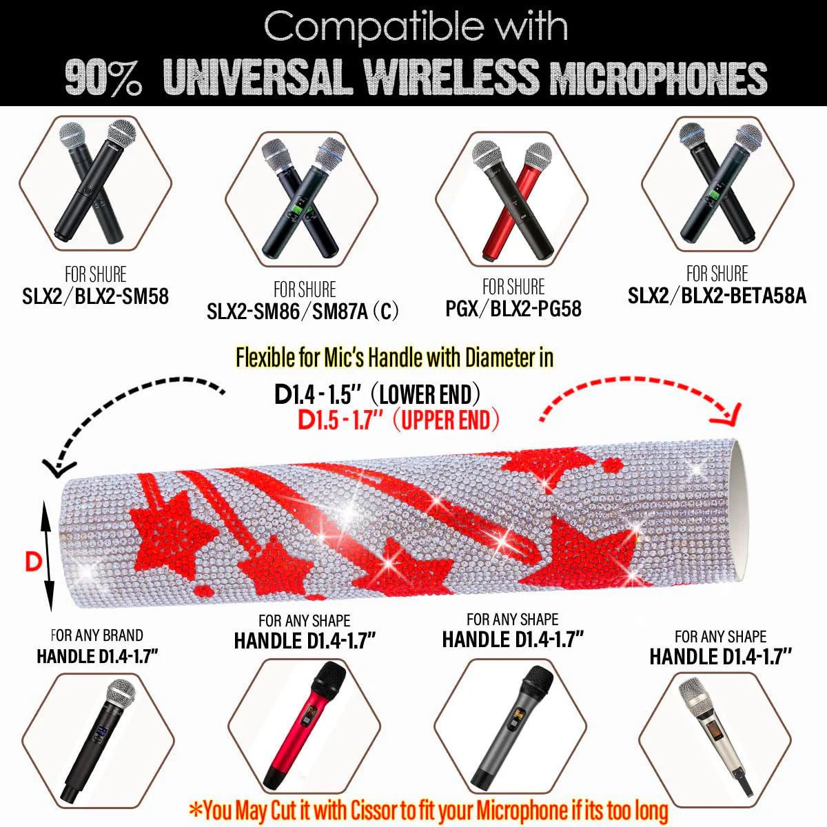 Microphone Cover for Wireless Mic SLX2 BLX2 SM58 Beta58 and Universal Transmitter Sparkle on Wedding Party Tours & TV Shows, Red Star Silver (Mic NOT Included) - Image 2