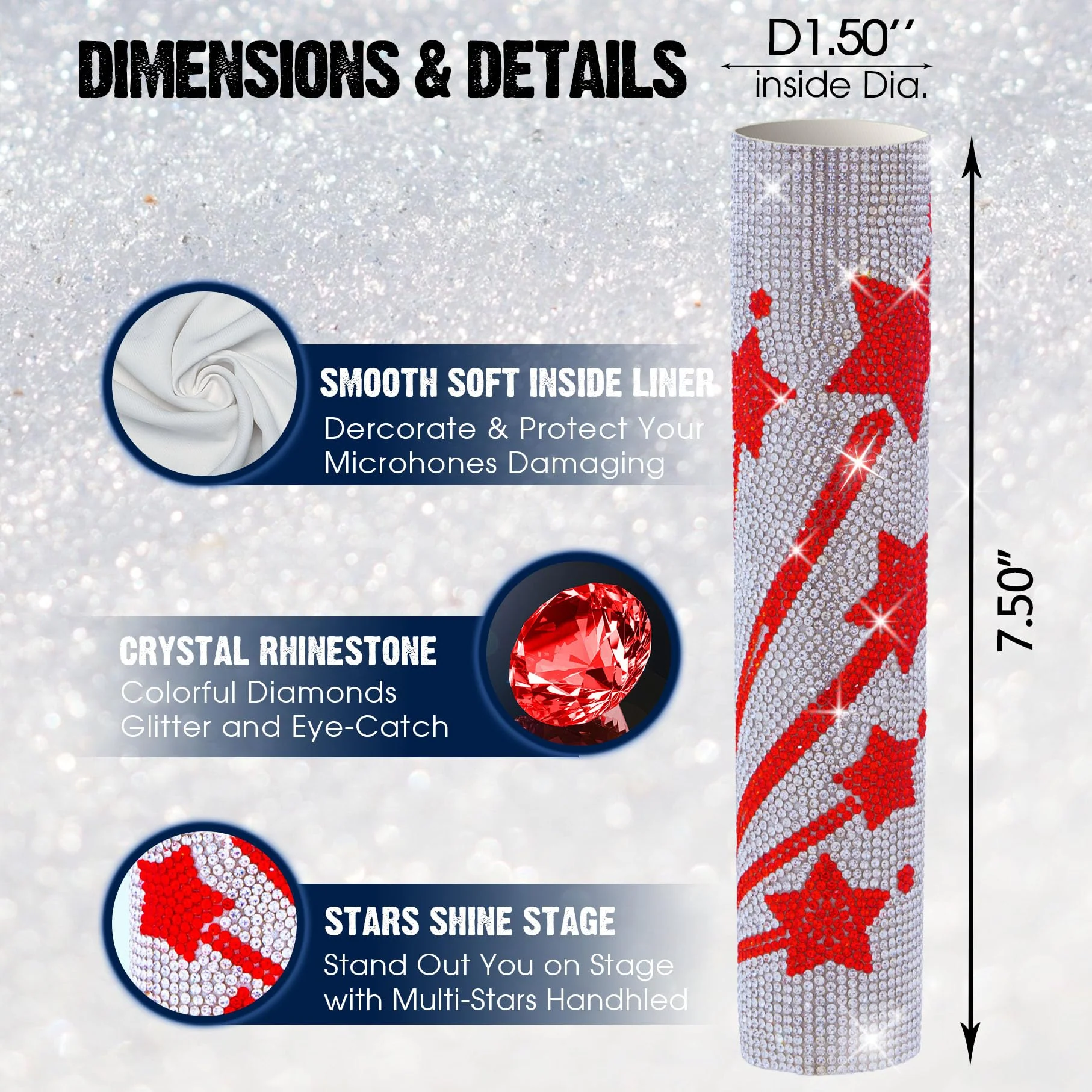 Microphone Cover for Wireless Mic SLX2 BLX2 SM58 Beta58 and Universal Transmitter Sparkle on Wedding Party Tours & TV Shows, Red Star Silver (Mic NOT Included) - Image 3