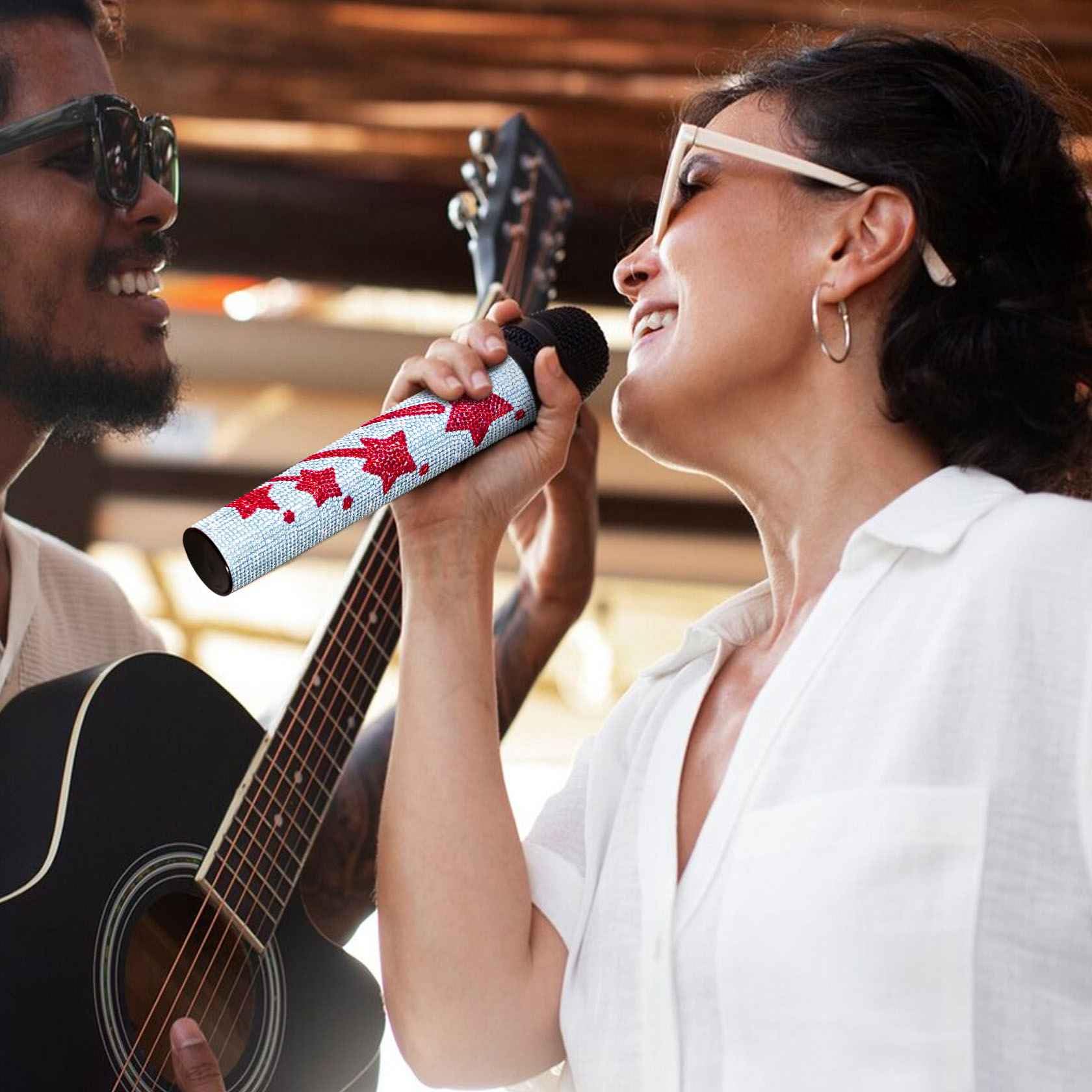Microphone Cover for Wireless Mic SLX2 BLX2 SM58 Beta58 and Universal Transmitter Sparkle on Wedding Party Tours & TV Shows, Red Star Silver (Mic NOT Included) - Image 8