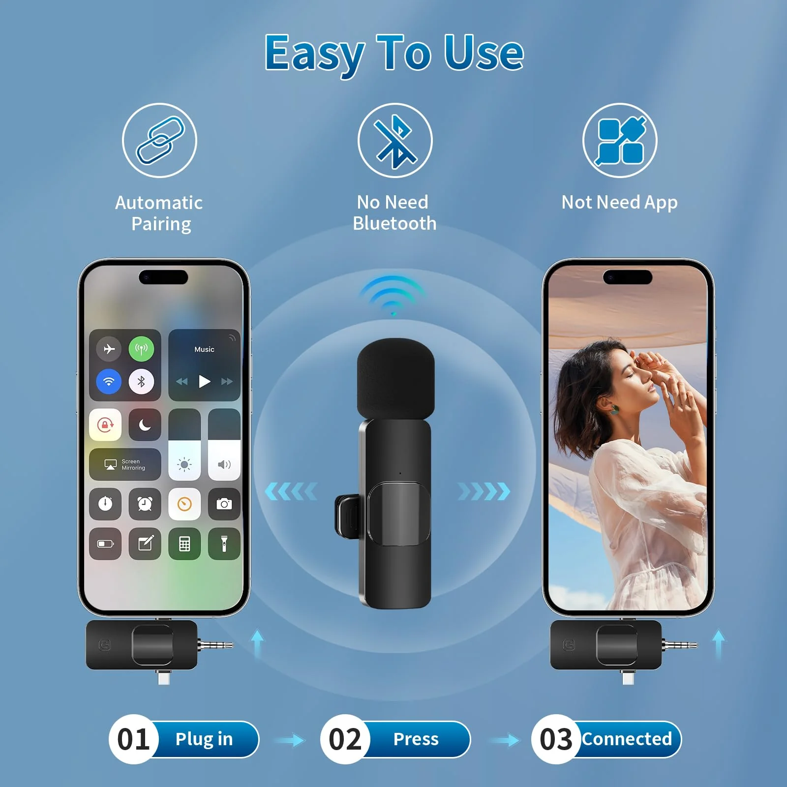 Microphone for iPhone 3 in 1 Mini Microphone Wireless Lavalier Microphones USB C Lapel Mic Clip on Mic for iPhone, iPad, Android, Camera for Video Recording, Vlog, YouTube, TikTok - Image 2