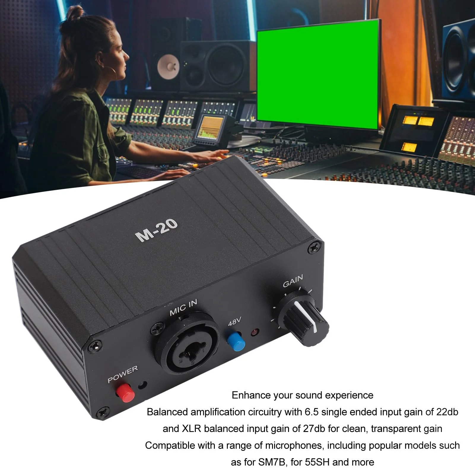 Microphone Preamp, 48V Power Mic Preamplifier XLR Output Microphone Preamp Booster, Mini Microphone Preamp for Dynamic and Condenser Mic - Image 2