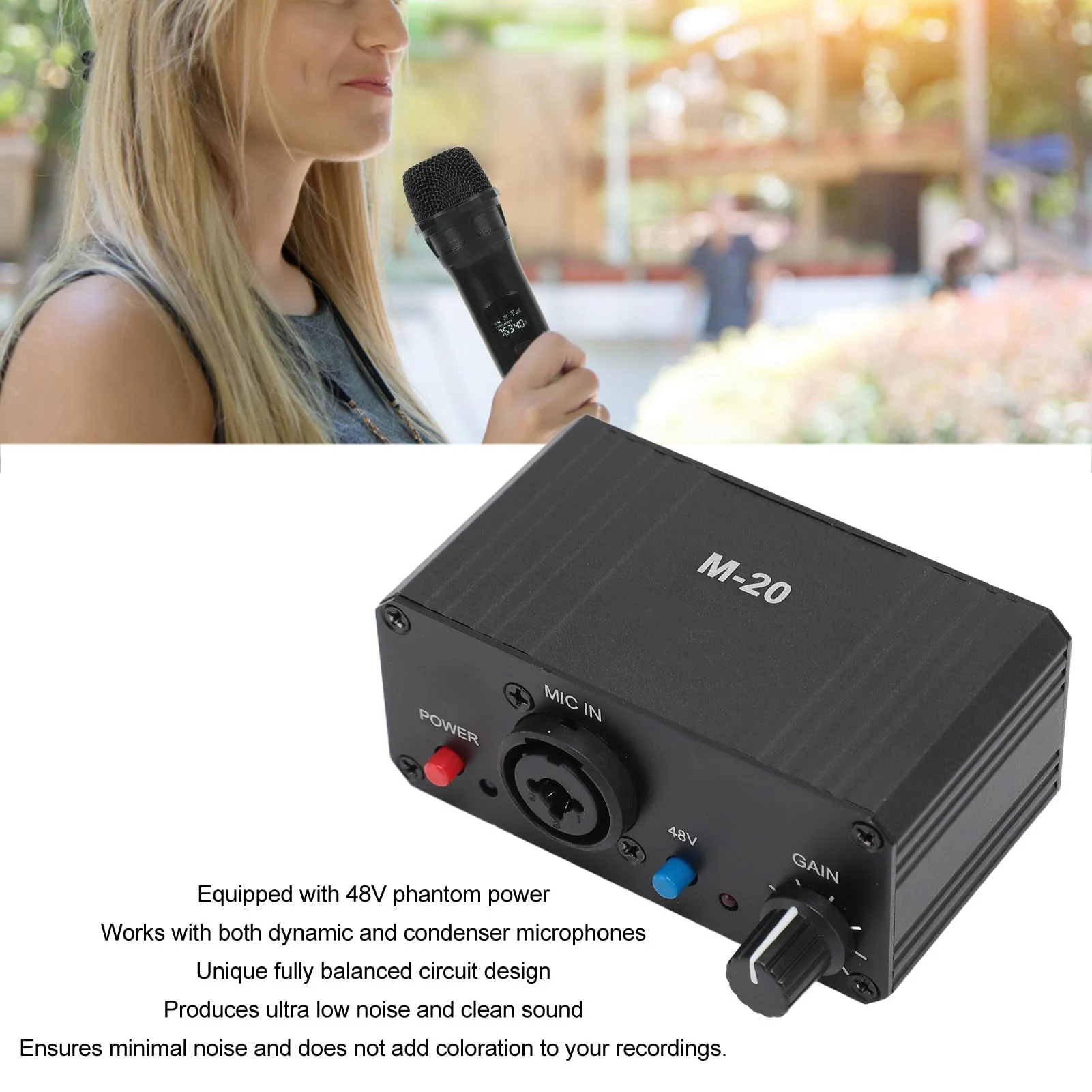 Microphone Preamp, 48V Power Mic Preamplifier XLR Output Microphone Preamp Booster, Mini Microphone Preamp for Dynamic and Condenser Mic - Image 3
