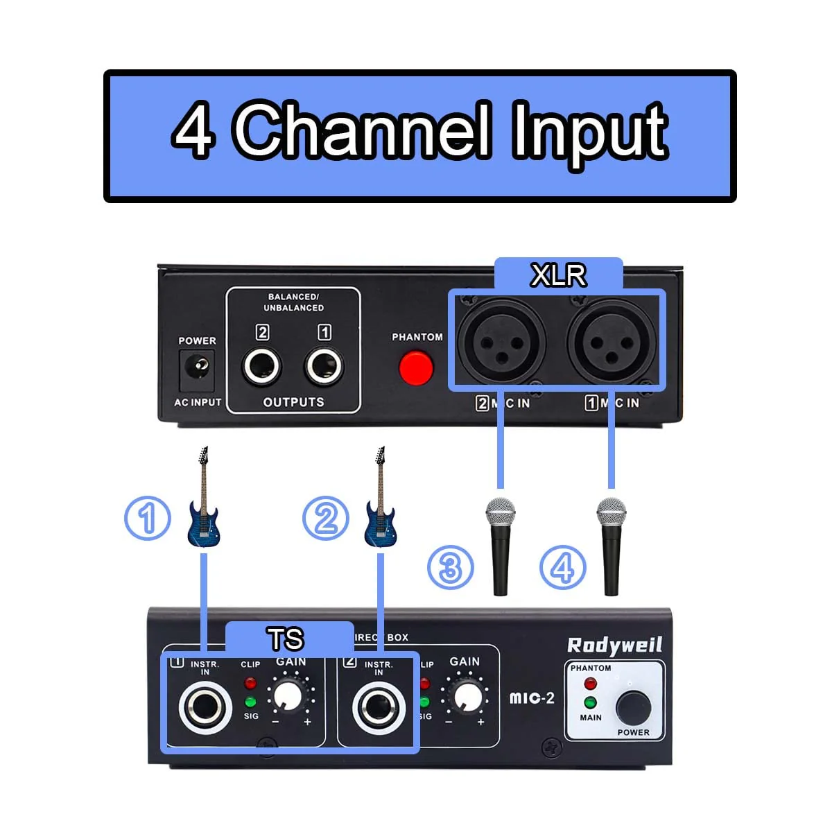 Microphone Preamp Mic Booster 4 Input Max 65db DI Box with 48V Phantom Power for Dynamic and Condenser Mic - Image 2