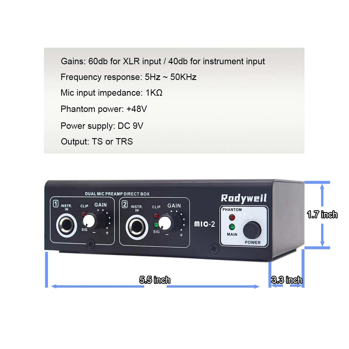 Microphone Preamp Mic Booster 4 Input Max 65db DI Box with 48V Phantom Power for Dynamic and Condenser Mic - Image 6
