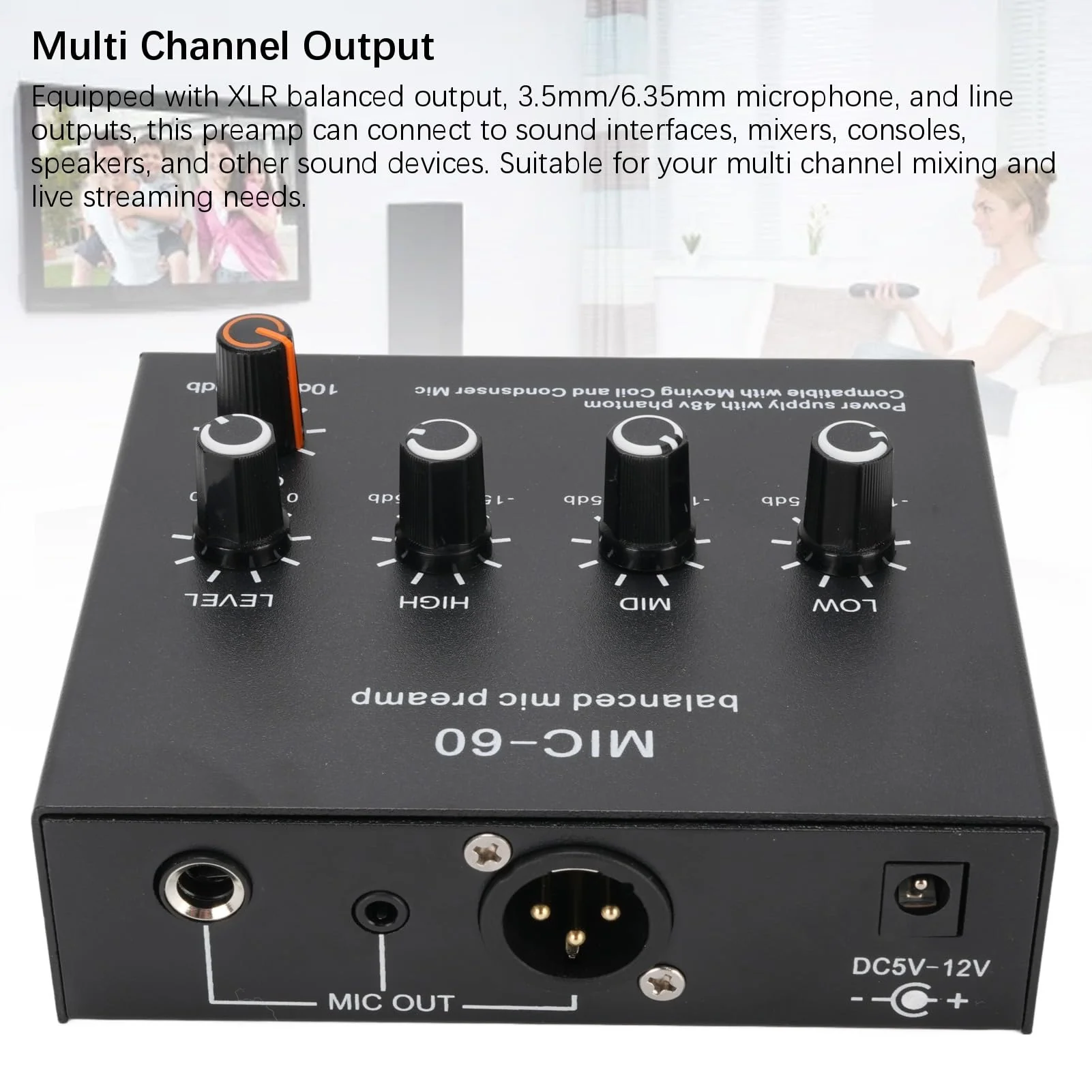 Microphone Preamp Mic Gain Booster 3 Input with 48V Power, XLR Balanced, 3.5mm/6.35mm Output, for Dynamic and Condenser Mic (with 3.5mm Sound Cable) With 3.5mm Sound Cable - Image 2
