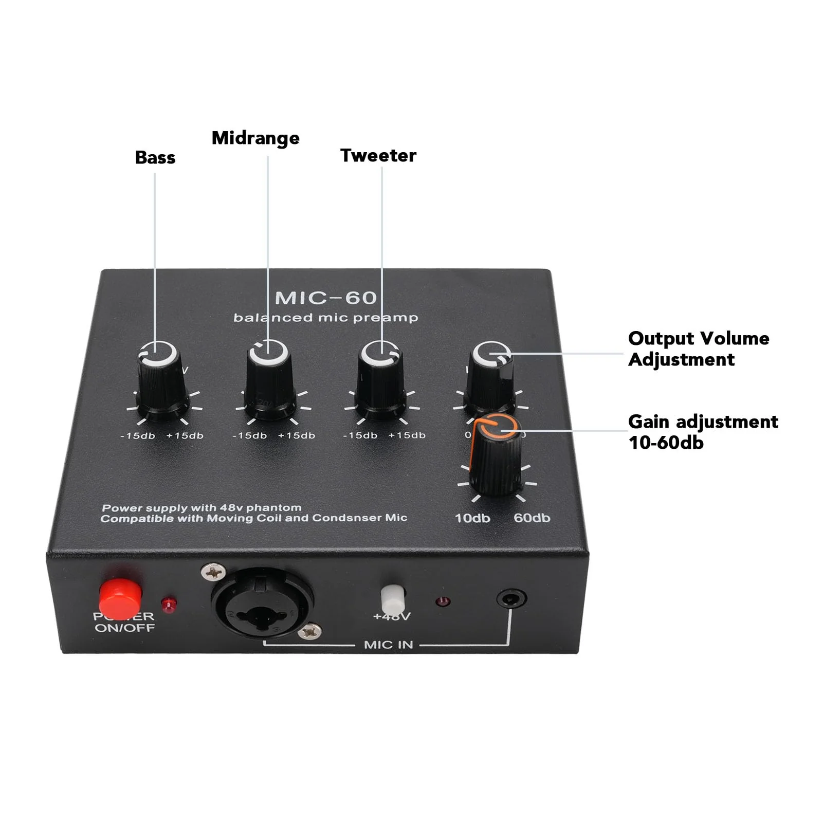 Microphone Preamp Mic Gain Booster 3 Input with 48V Power, XLR Balanced, 3.5mm/6.35mm Output, for Dynamic and Condenser Mic (with 3.5mm Sound Cable) With 3.5mm Sound Cable - Image 6