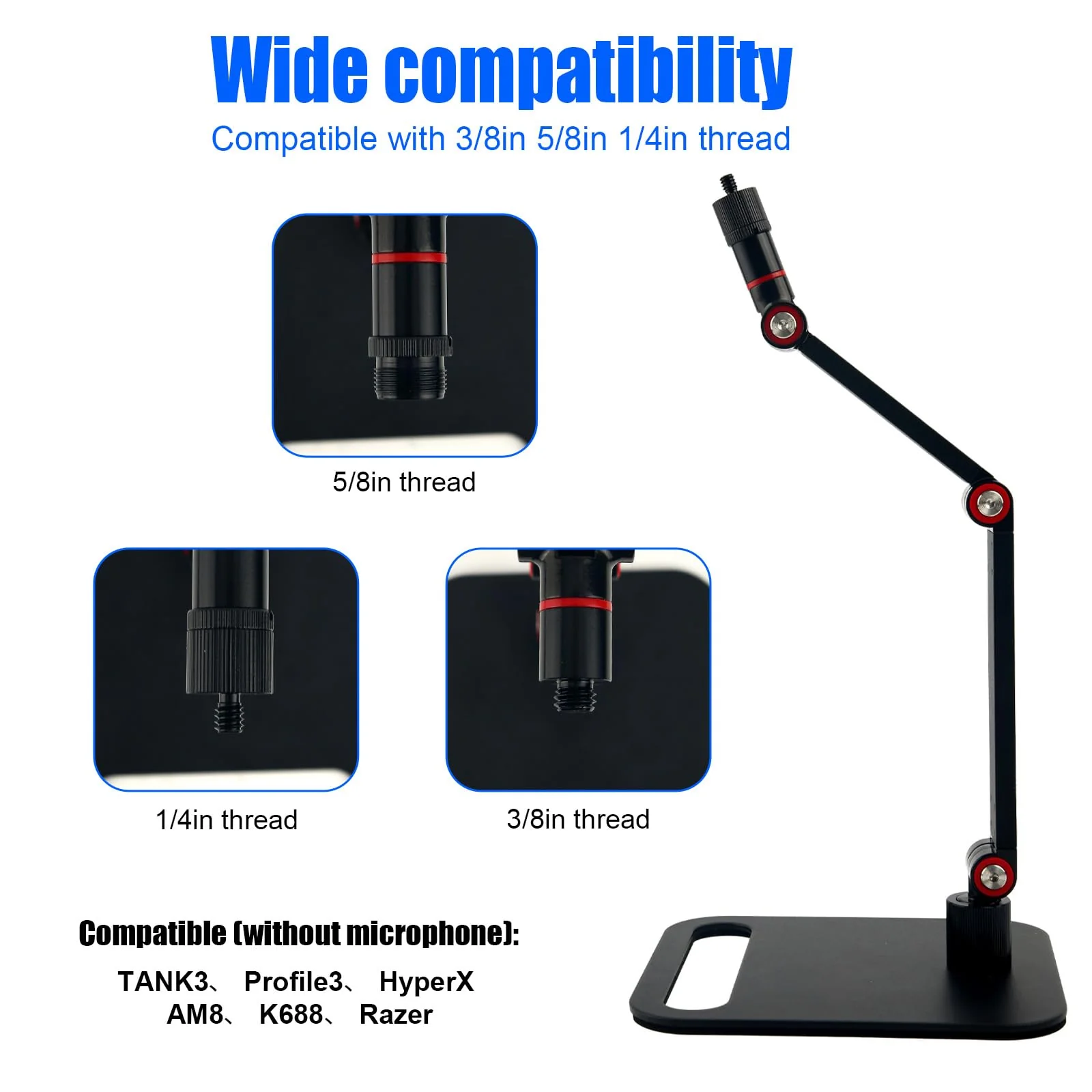 Microphone Stand Desk, Max Load 3.3lb Adjustable Desktop Mic Arm Stand with Thread Adapters for Podcast Streaming Gaming Studio Table Mount Accessories - Image 4