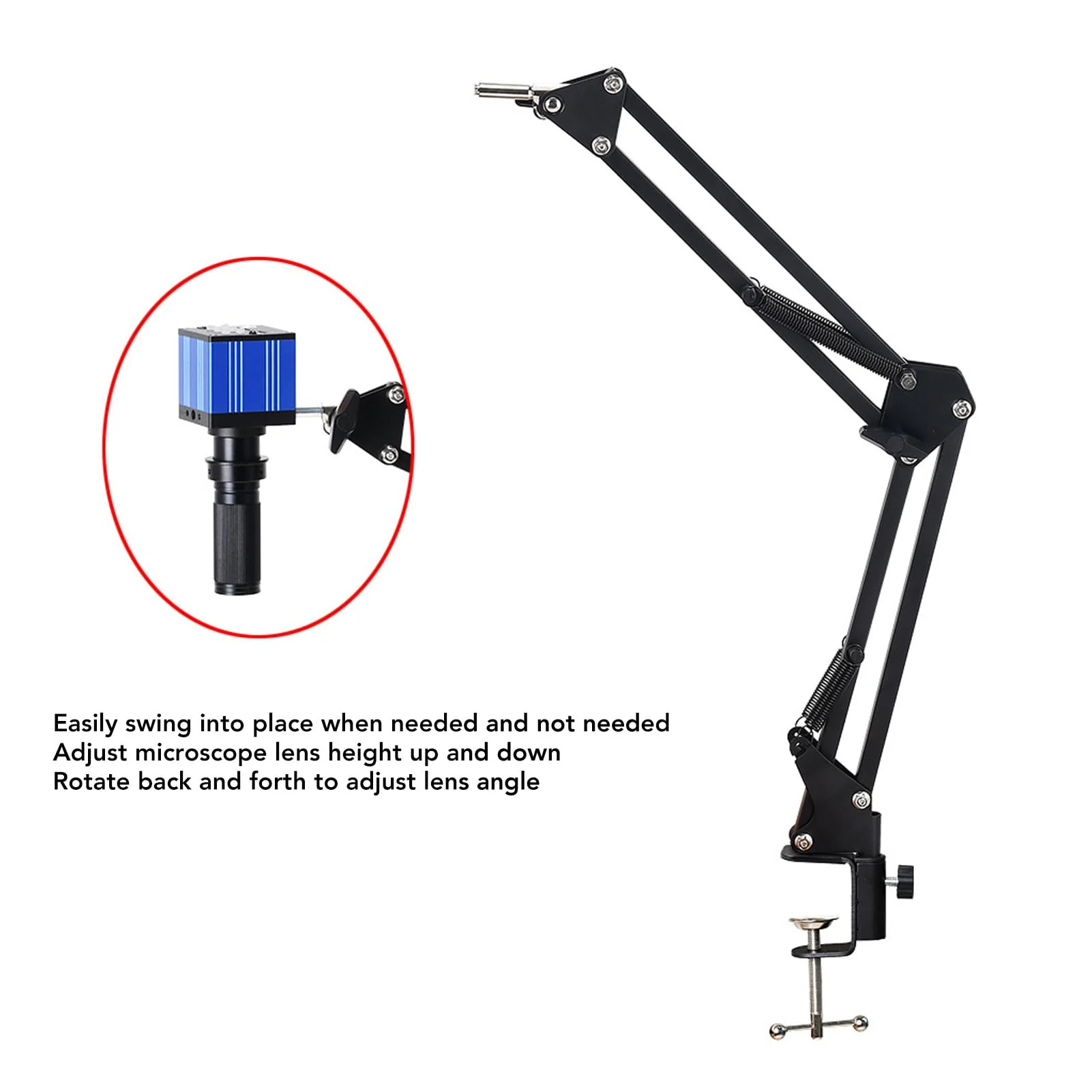 Microscope Articulated Arm Stand, 360° Rotation HDMI USB Camera Lens Holder with 50mm Lens Fixing Ring and Clamp Universal Telescopic Folding Electronic Soldering Repairing Stand - Image 2