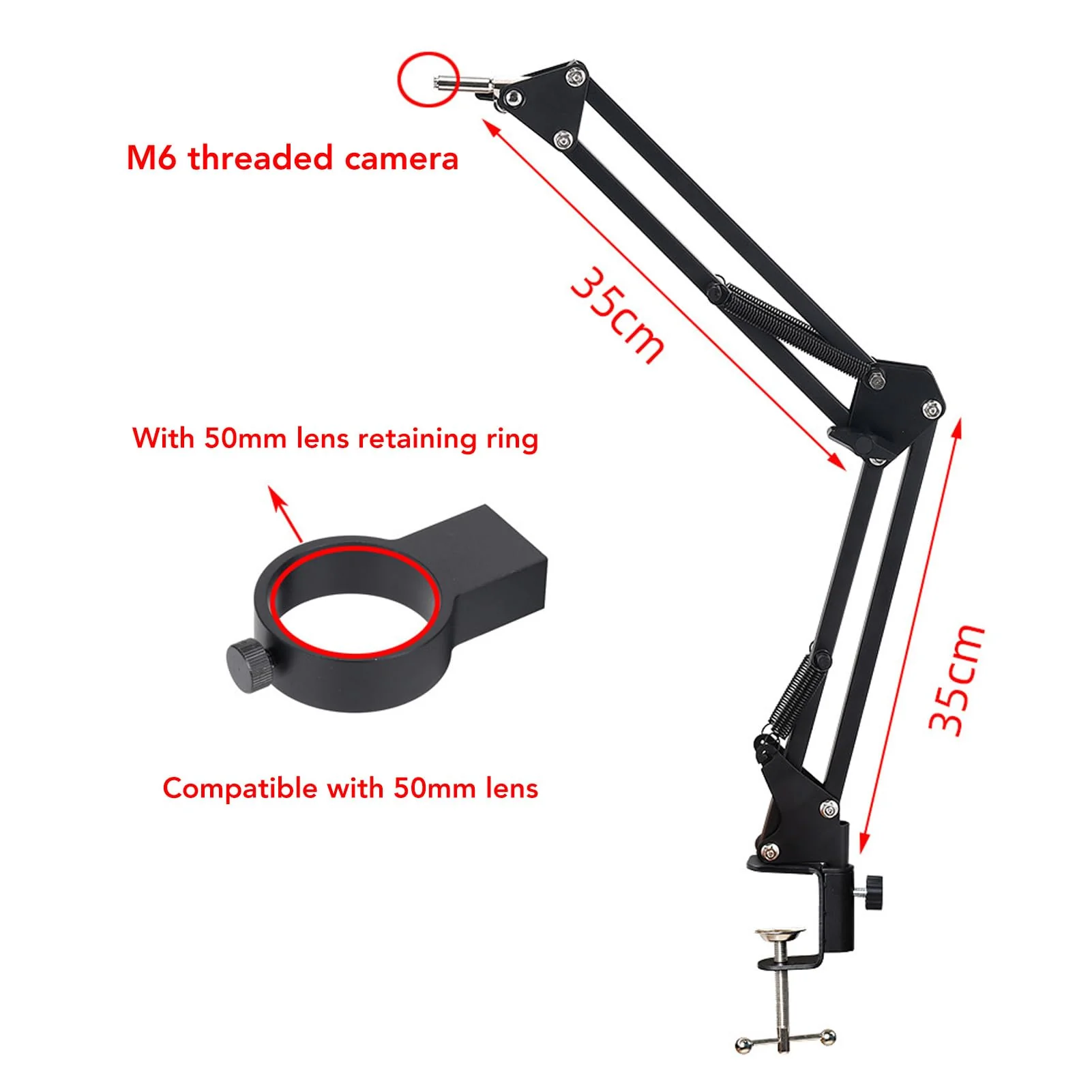 Microscope Articulated Arm Stand, 360° Rotation HDMI USB Camera Lens Holder with 50mm Lens Fixing Ring and Clamp Universal Telescopic Folding Electronic Soldering Repairing Stand - Image 3