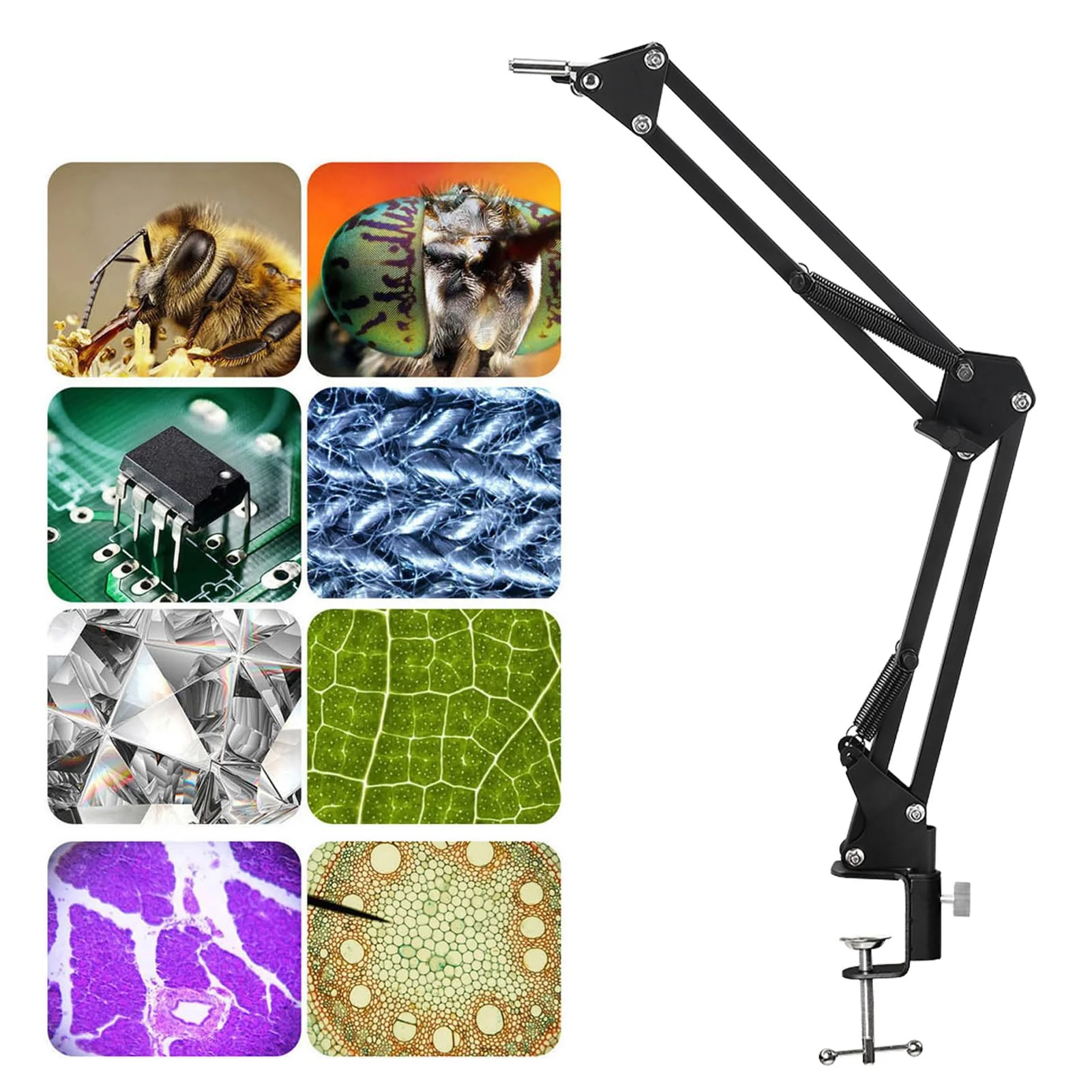 Microscope Articulated Arm Stand, 360° Rotation HDMI USB Camera Lens Holder with 50mm Lens Fixing Ring and Clamp Universal Telescopic Folding Electronic Soldering Repairing Stand - Image 5