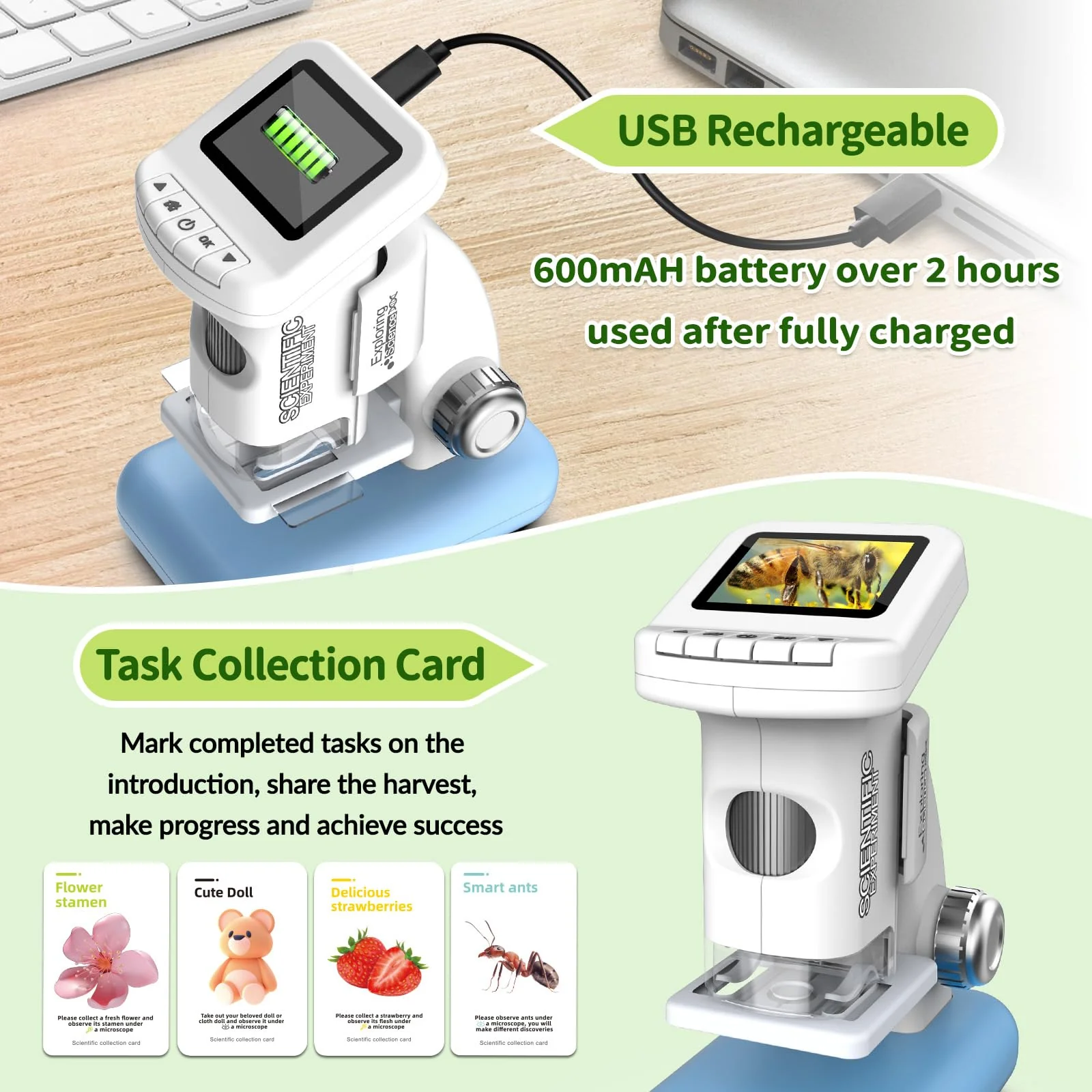 Microscope for Kids, 1200X Kids Microscope Pocket Portable Microscopes with Photo and Video Function, Mini Handheld Digital 2" Screen Rechargeable Student Edu Science Microscopes for Kids 6-7 8-12 - Image 6