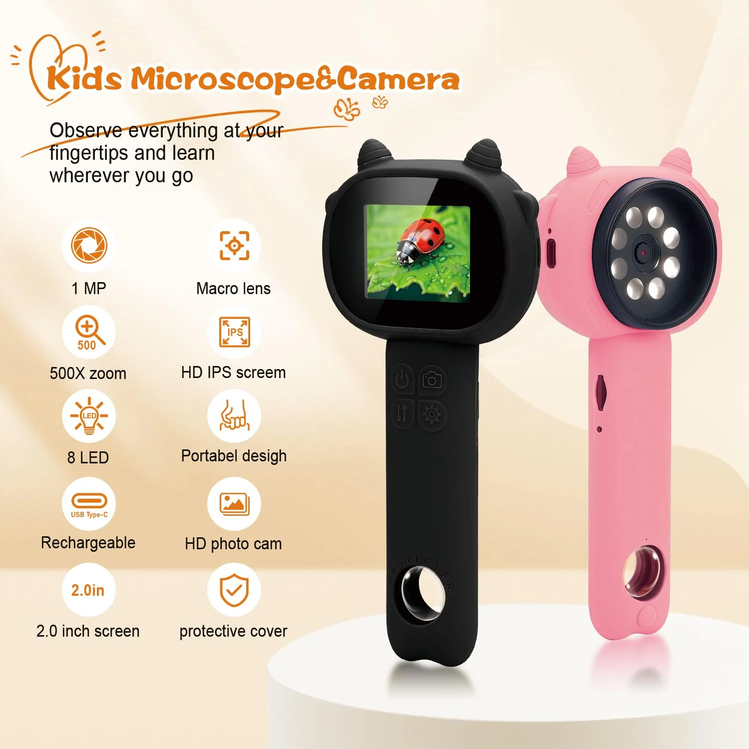 Microscope for Kids 500x Magnification,4X Zoom Mini Pocket Handheld Microscope with 2.0" Screen for Toddlers-STEM Educational Science Kit Toddler for Boys Girls Aged 3-12(Black) Black - Image 2