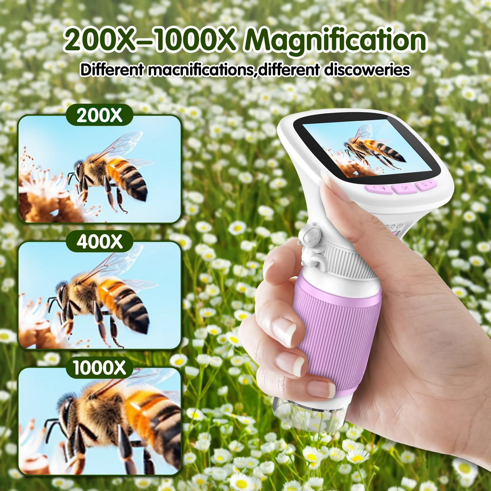 Microscope for Kids, EDCREATY 200X-1000X Portable Pocket Handheld Microscope, 2.4 High-Definition Screen, 200W Pixels for Birthday Christmas Holiday Toys Gifts for 5 6 7 8 9 10 11 12 Kids Purple+While - Image 3