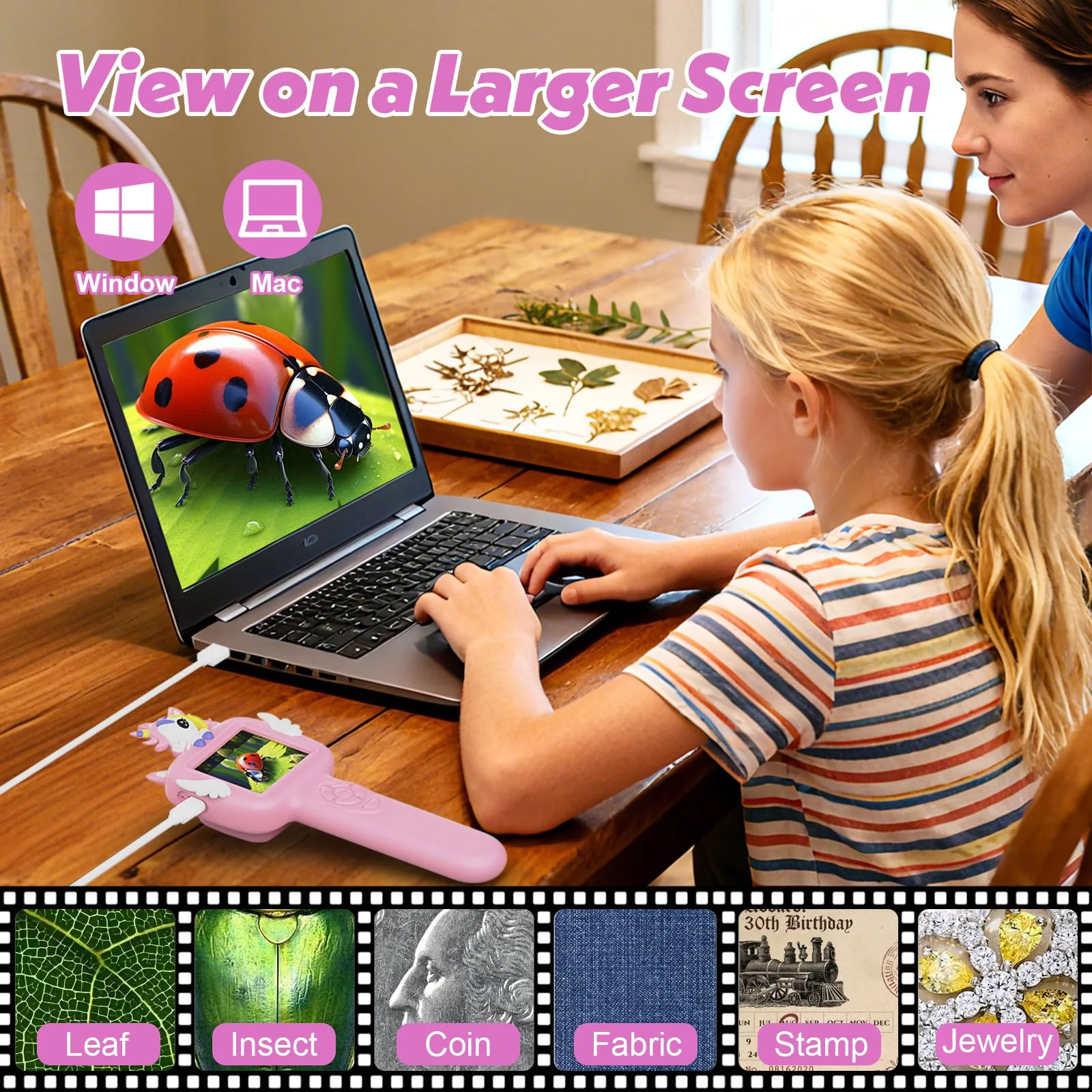 Microscope for Kids Gifts Toys Science, Mini Handheld Digital Pocket Microscope Requiring Direct Surface Contact, Educational STEM Toy for Boys Girls Ages 8–12, Christmas Birthday Gift Idea Pink - Image 7