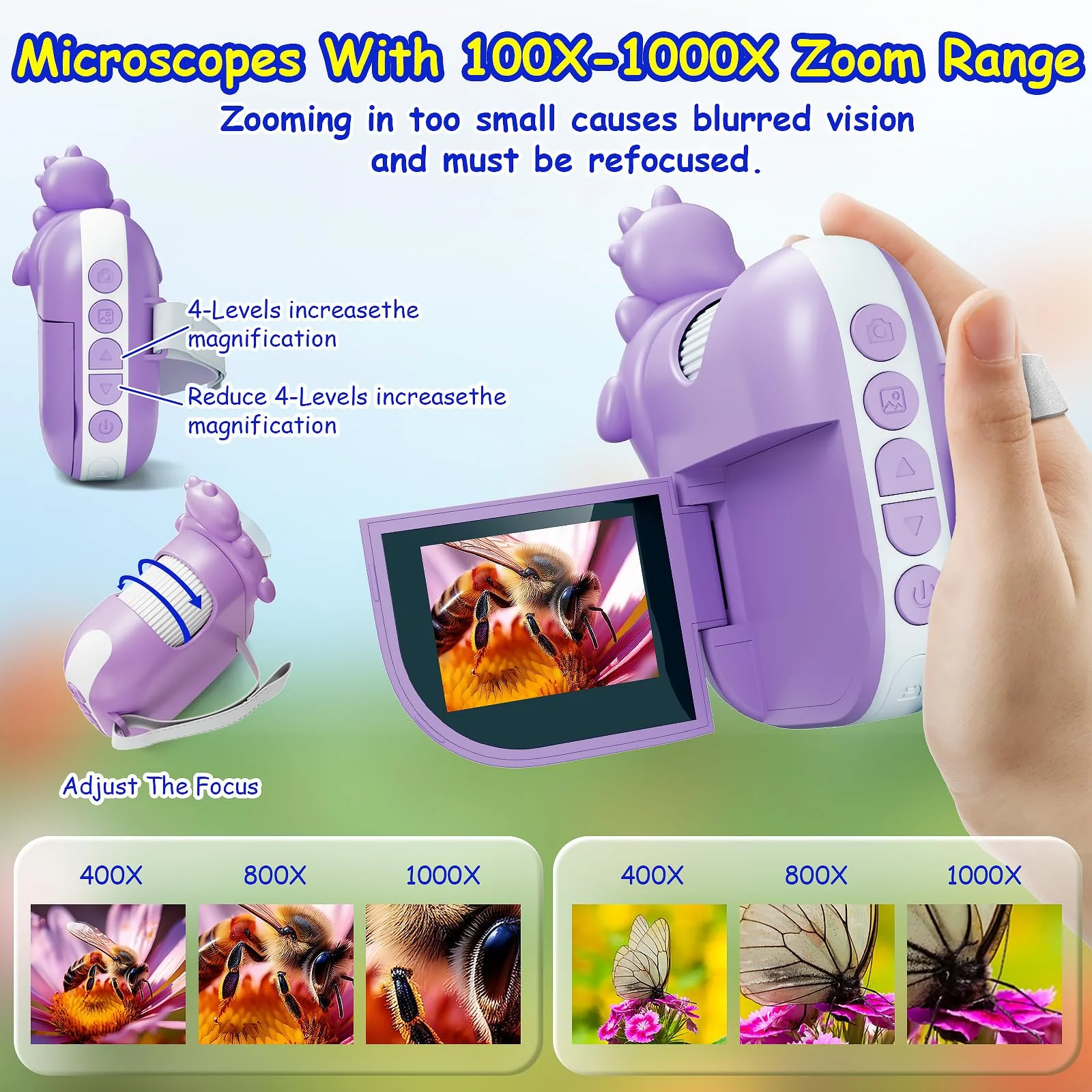 Microscope for Kids,Handheld Kids Microscope – 1000X Magnification,2'' HD Screen,1080P Camera,Built-in Telescope,STEM Educational Toy,Christmas/Birthday Gift for Ages 3-12 (Purple) Purple - Image 3