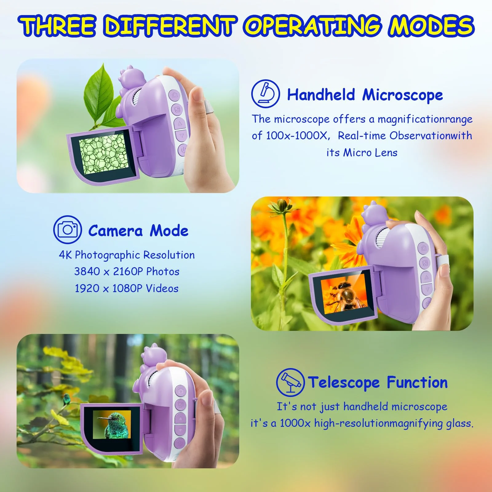 Microscope for Kids,Handheld Kids Microscope – 1000X Magnification,2'' HD Screen,1080P Camera,Built-in Telescope,STEM Educational Toy,Christmas/Birthday Gift for Ages 3-12 (Purple) Purple - Image 4
