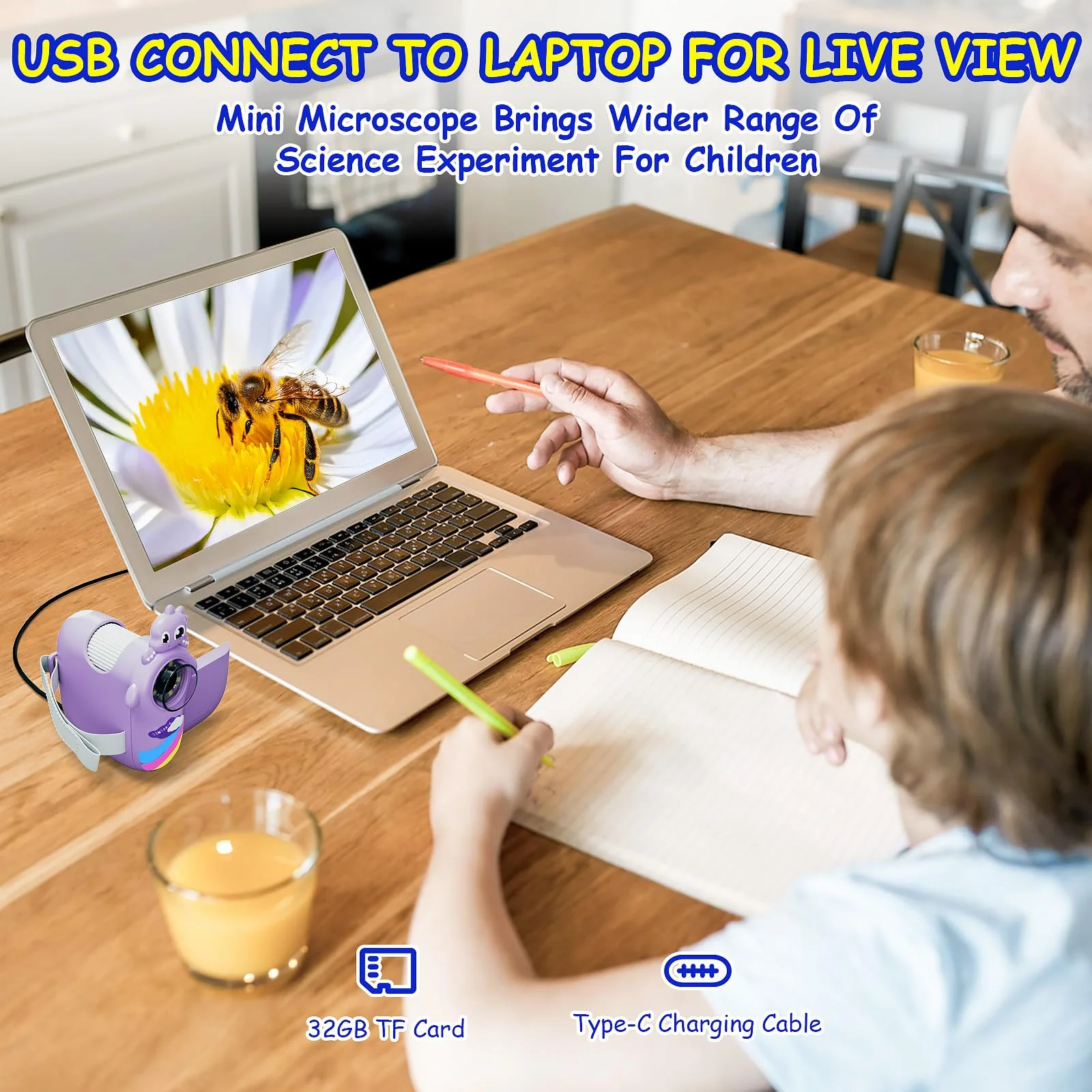 Microscope for Kids,Handheld Kids Microscope – 1000X Magnification,2'' HD Screen,1080P Camera,Built-in Telescope,STEM Educational Toy,Christmas/Birthday Gift for Ages 3-12 (Purple) Purple - Image 5
