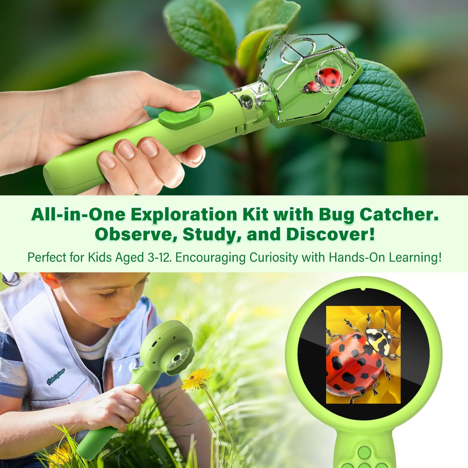 Microscope for Kids with Bug Catcher, 1080P HD Digital Handheld Portable Kids Microscope, 2 in 1 STEM Science Educational Learning Kit Christmas Birthday Gifts Toys for 3-15 Boys & Girls (Green) Bug Catcher & Microscope Kits Green - Image 2